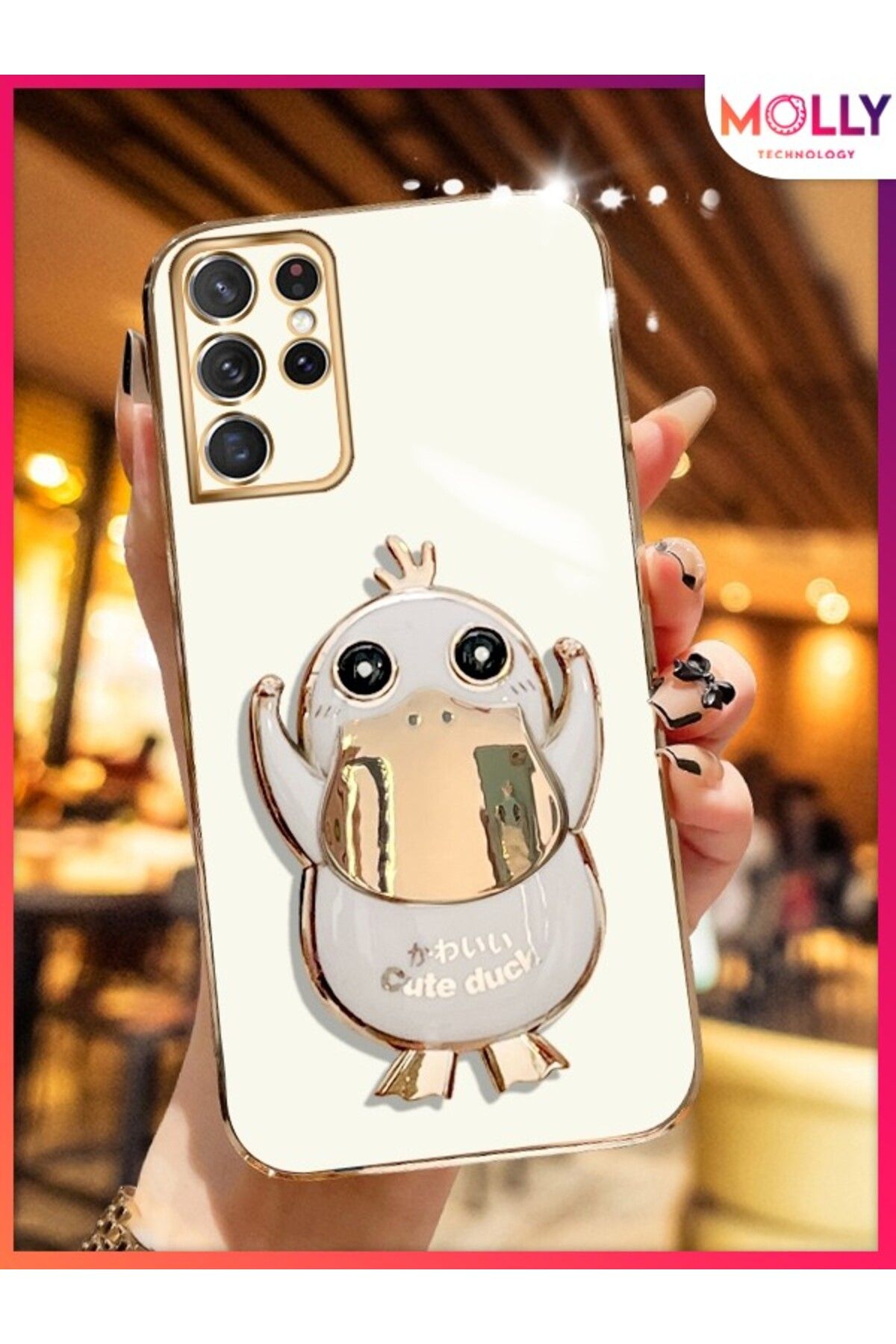 Molly Samsung Galaxy S21 ULTRA İçin İnci Beyazı Sevimli Ördek Standlı Gold Detaylı Lüks Silikon Kılıf