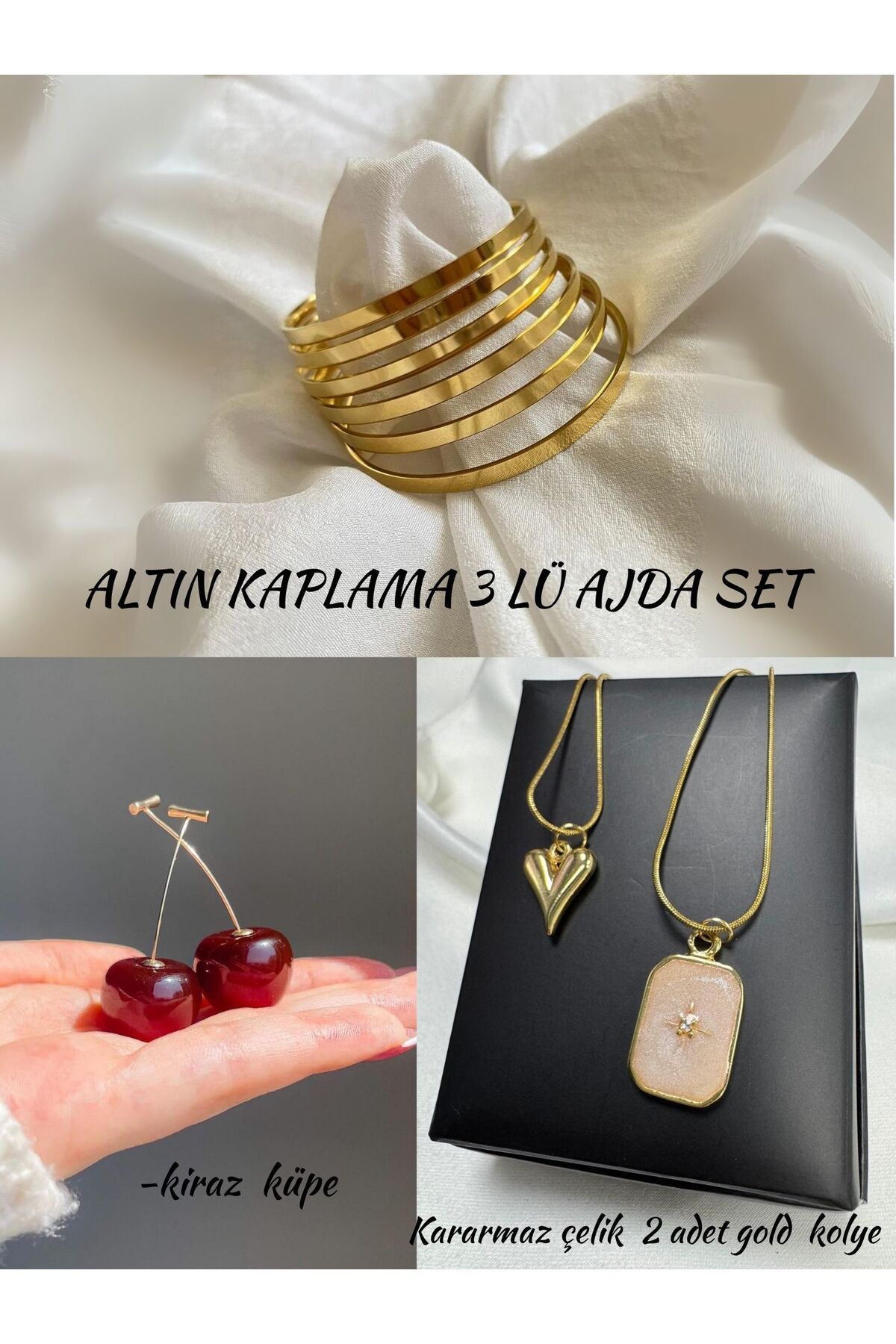 Perry Accesories 3 adet altın kaplama ajda seti kuzey yıldızı kolye gold ajda bilezik kiraz küpe bottega set