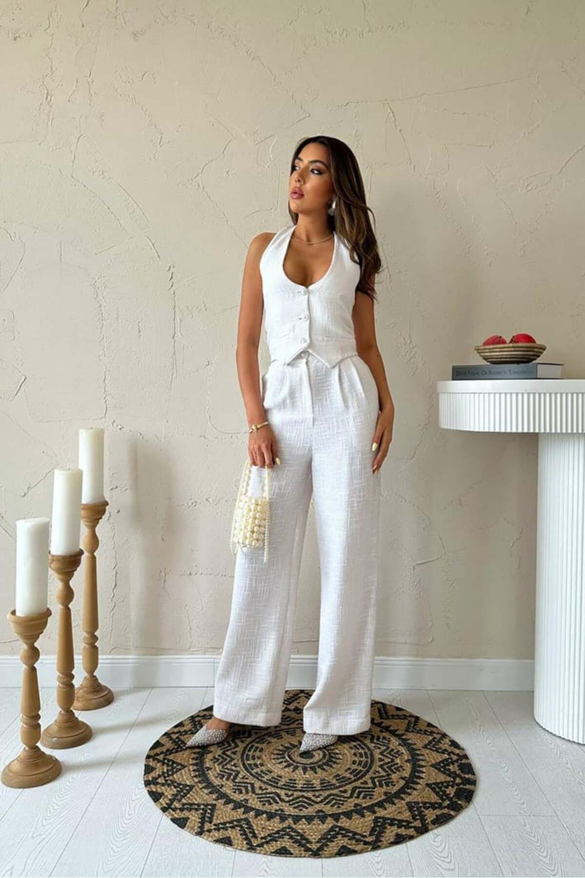 Castivo Fashion Düğme Detaylı Halter Yaka Kolsuz Yelekli Kadın Takım