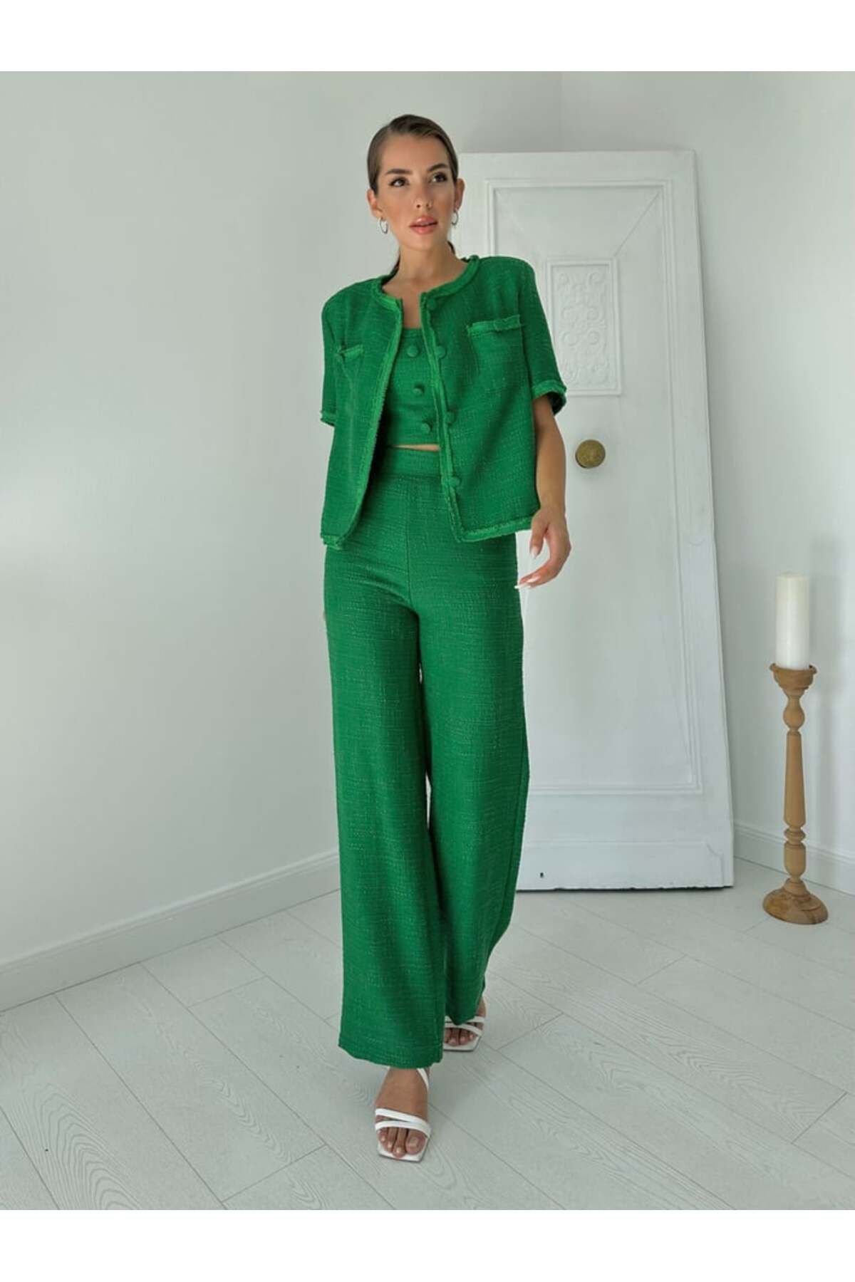 Castivo Fashion "3'lü Kruvaze Dokulu Kısa Kollu Ceket - Büstiyer - Pantolon Takım