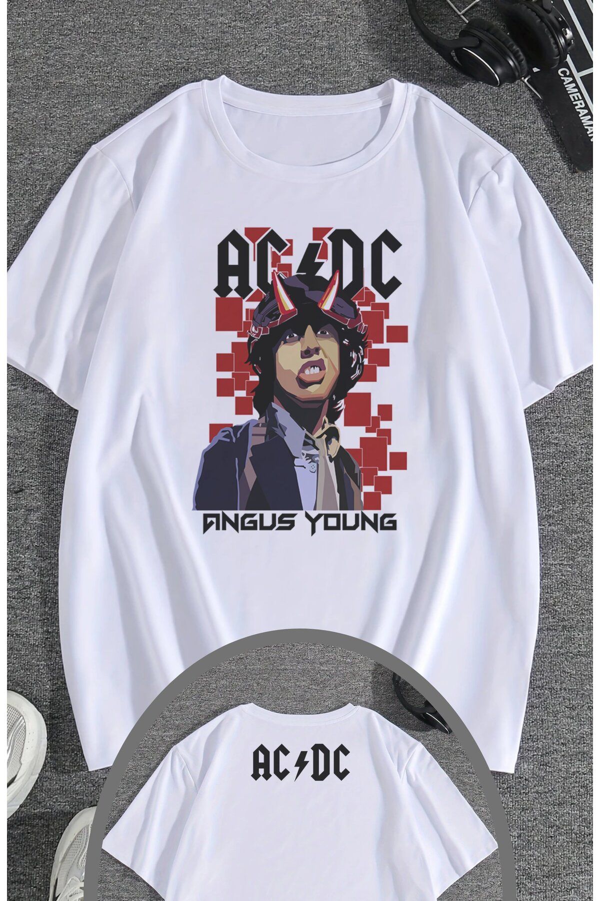 Fuddy Moda Unisex AC DC Angus Young Ense Baskılı Tişört, Oversize Rock Grubu Temalı T-shirt