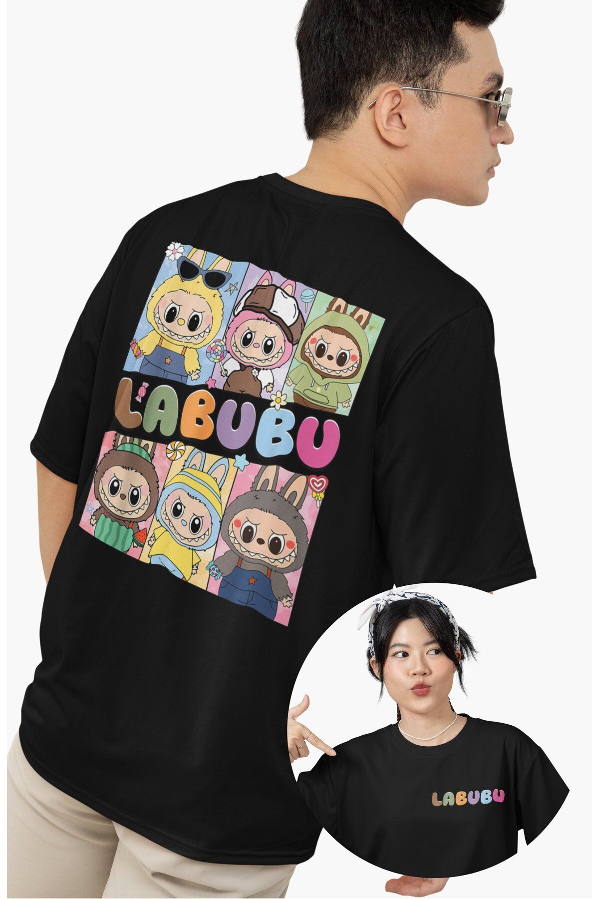 Fuddy Moda Unisex Labubu Yazılı Cep Sırt Baskılı T-shirt, Oversize Peluş Oyuncak Temalı Tişört