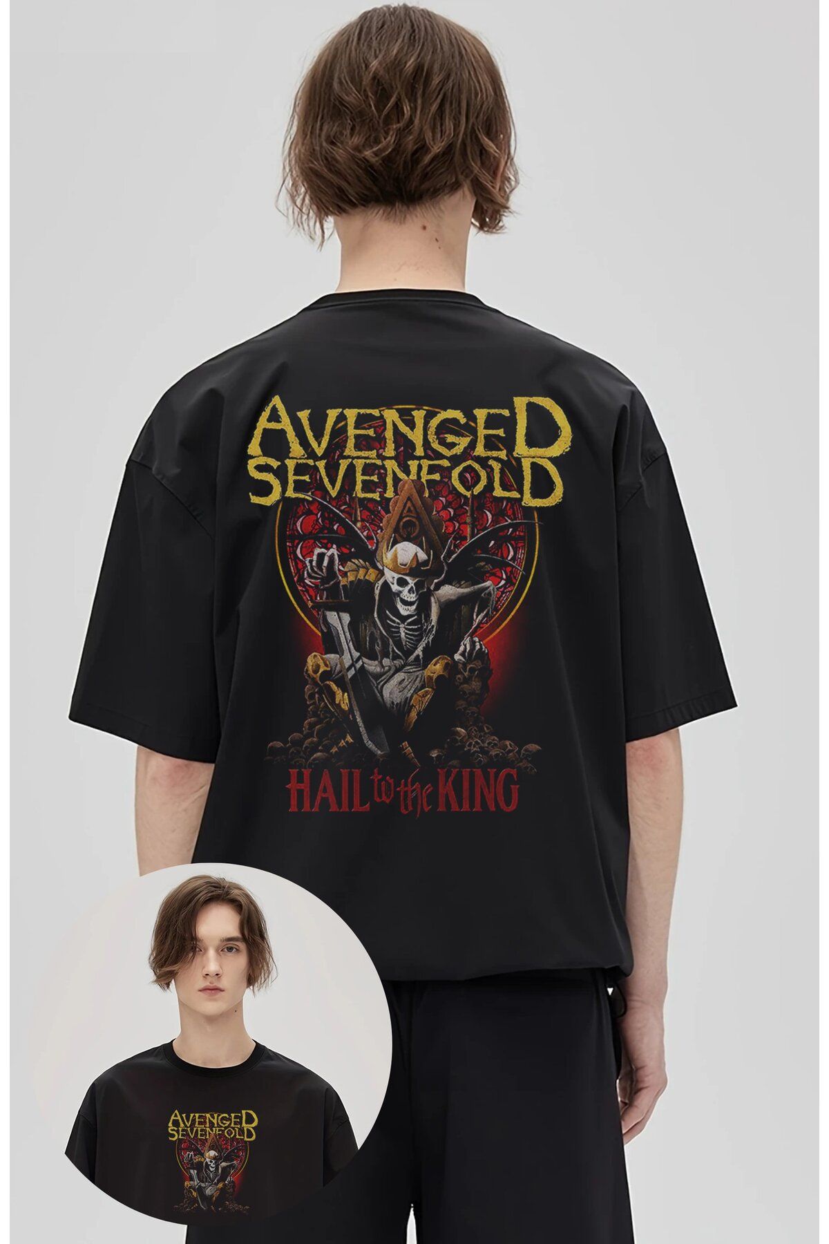 Fuddy Moda Unisex Avenged Sevenfold Hall To The King Sırt Baskılı Tişört, Oversize Rock Grubu Temalı T-shirt