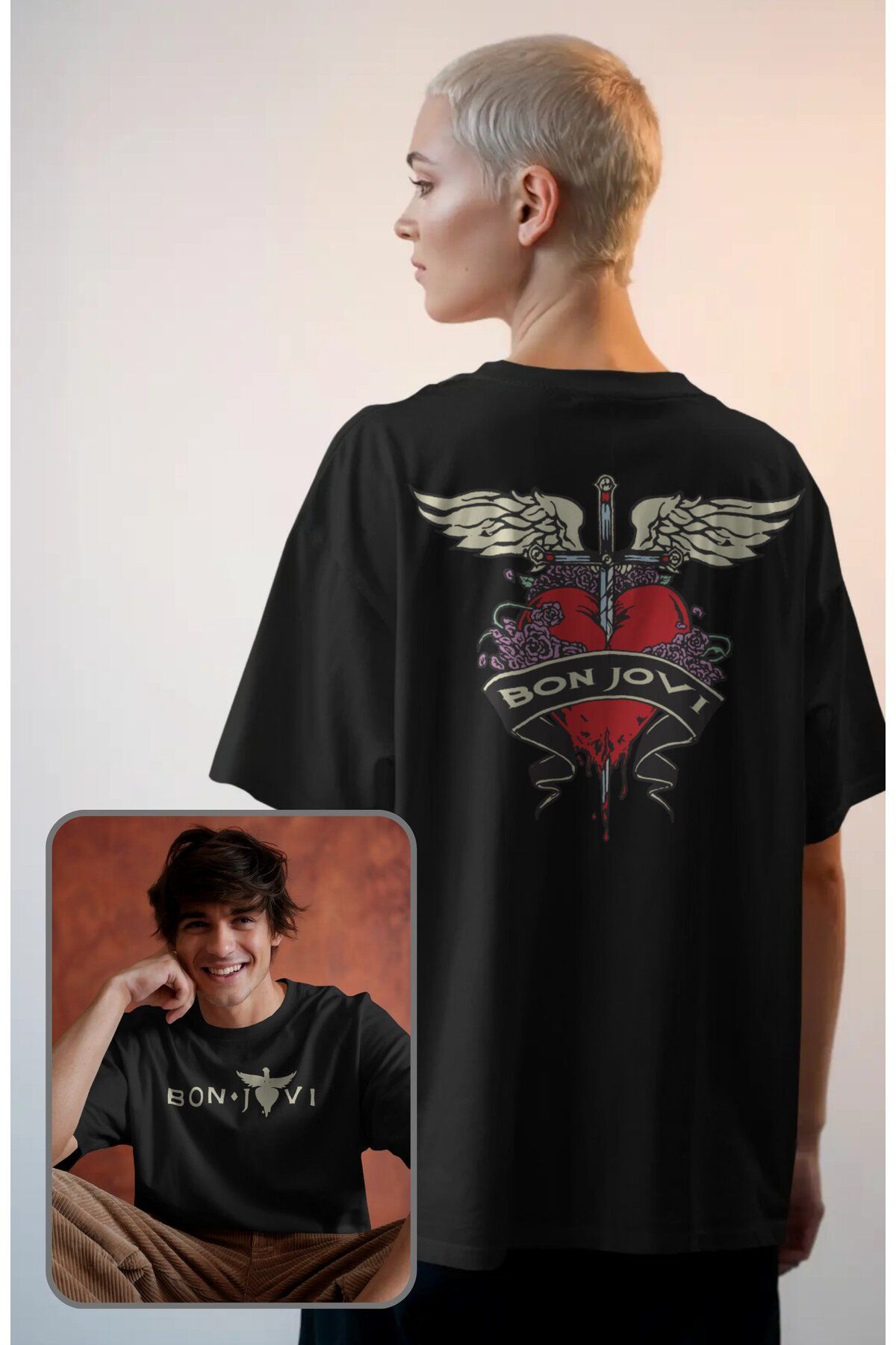 Fuddy Moda Unisex Bon Jovi Sırt Baskılı Tişört, Oversize Rock Band Temalı T-shirt