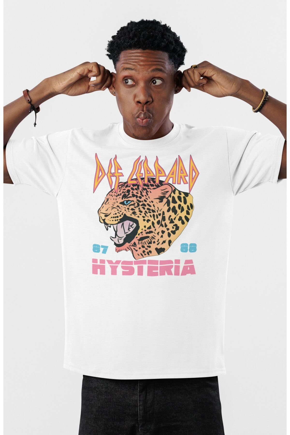 Fuddy Moda Unisex Def Leppard Hysteria Baskılı Tişört, Oversize Rock Grubu Temalı Bisiklet Yaka T-shirt