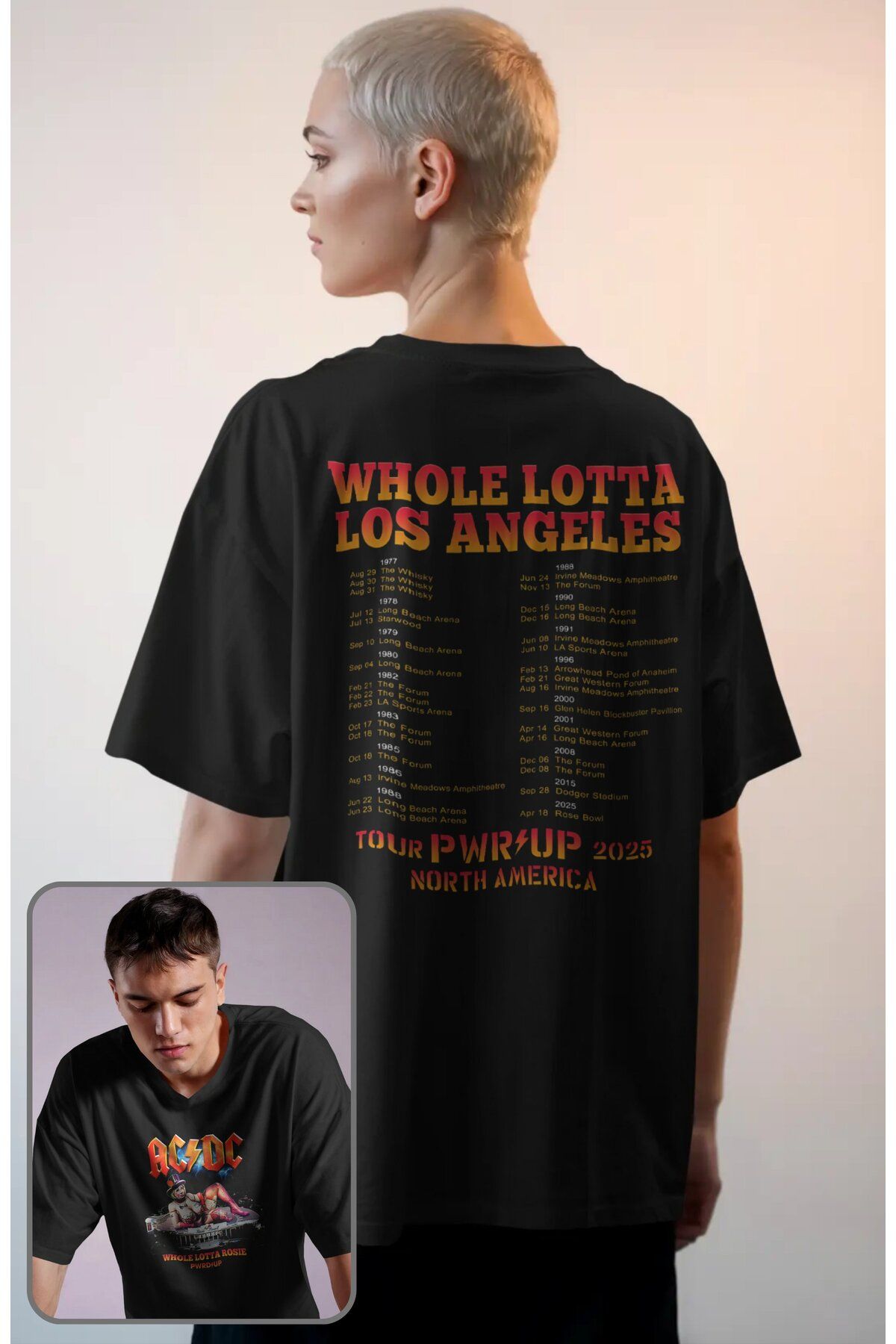 Fuddy Moda Unisex AC DC Whole Lotta Rosie Pwrd Up Sırt Baskılı Tişört, Oversize Rock Band Temalı T-shirt