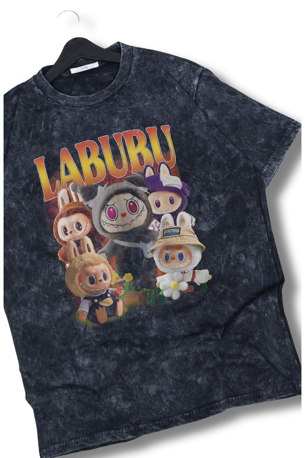 Fuddy Moda Oversize Labubu Baskılı Yıkamalı T-Shirt, Unisex Oyuncak Peluş Temalı Vintage Tişört
