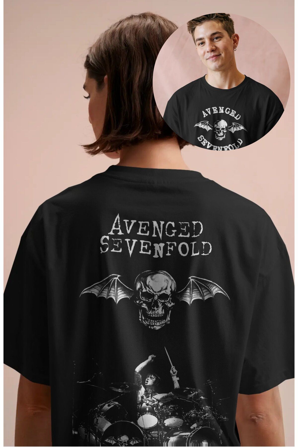 Fuddy Moda Unisex Avenged Sevenfold Sırt Baskılı Tişört, Oversize Rock Grubu Temalı T-shirt