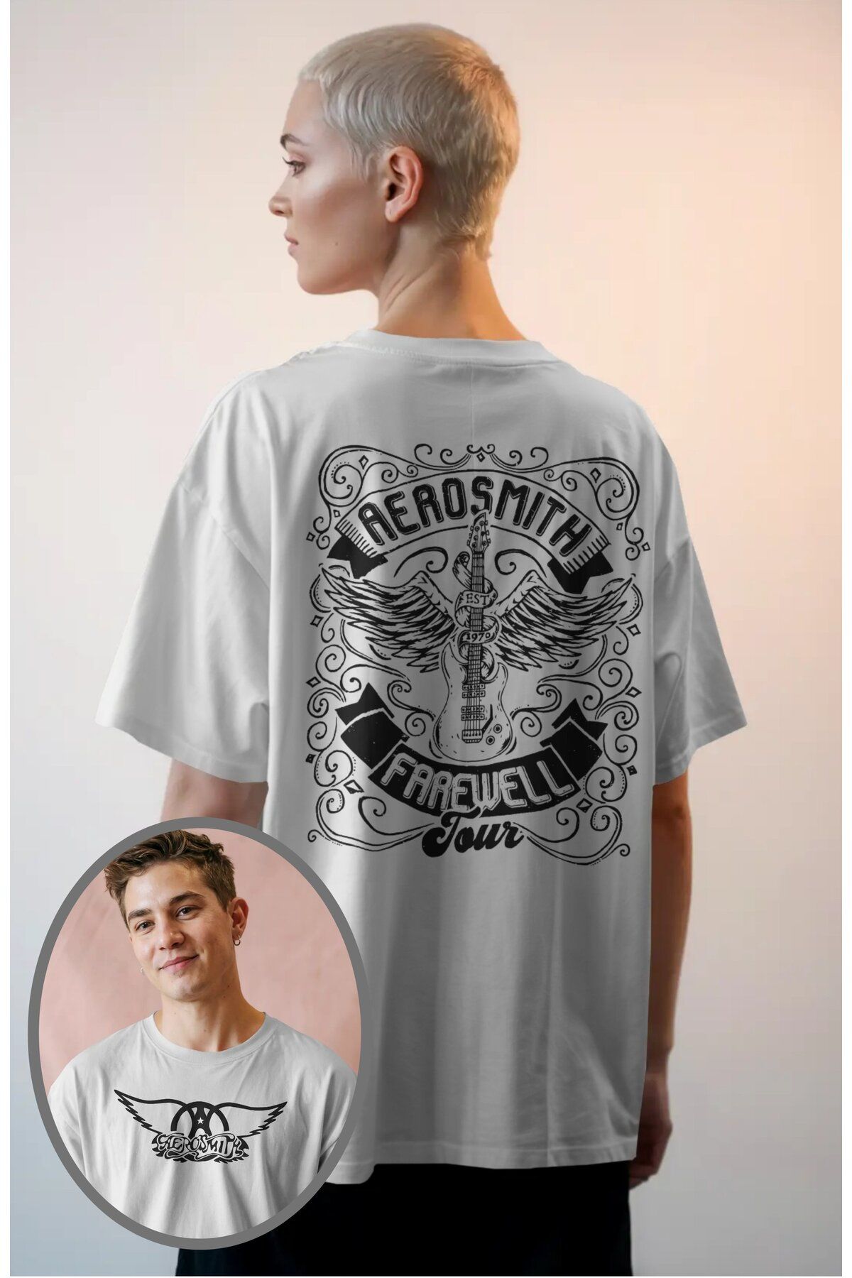 Fuddy Moda Unisex Aerosmith Farewell Tour Sırt Baskılı Tişört, Oversize Rock Band Temalı T-shirt