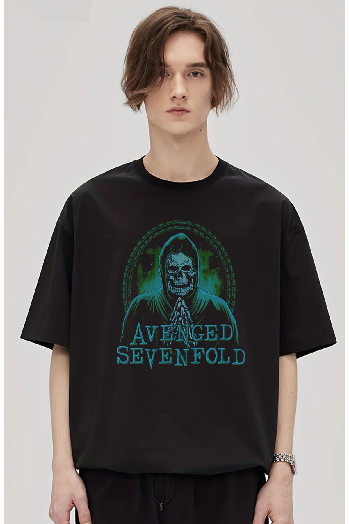 Fuddy Moda Unisex Green Avenged Sevenfold Baskılı Tişört, Oversize Rock Grubu Temalı T-shirt