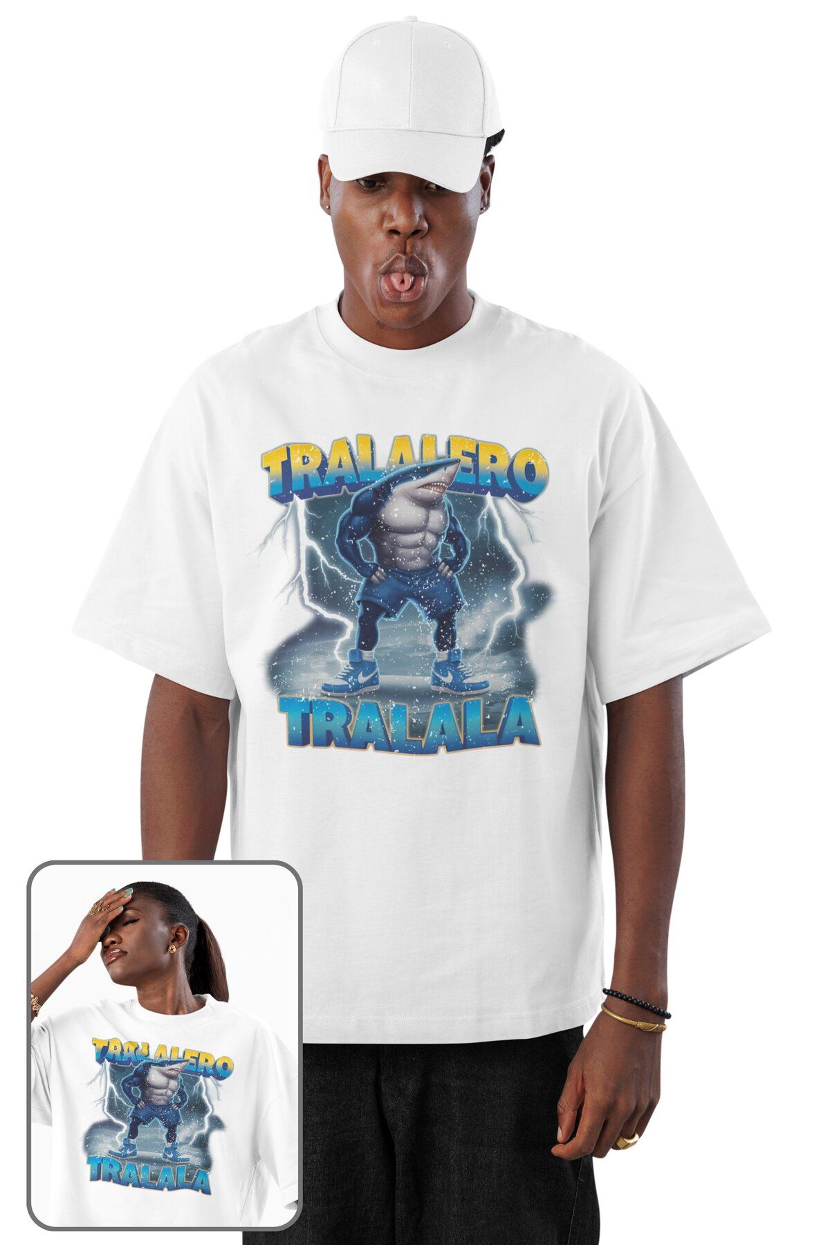 Fuddy Moda Unisex Tralalero Tralala Baskılı T-shirt, Oversize Tung Tung Tung Sahur Temalı Bisiklet Yaka Tişört