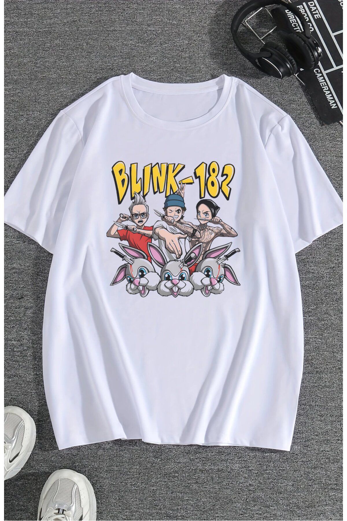 Fuddy Moda Unisex Blink 182 Bunny Baskılı Tişört, Oversize Rock Band Temalı T-shirt