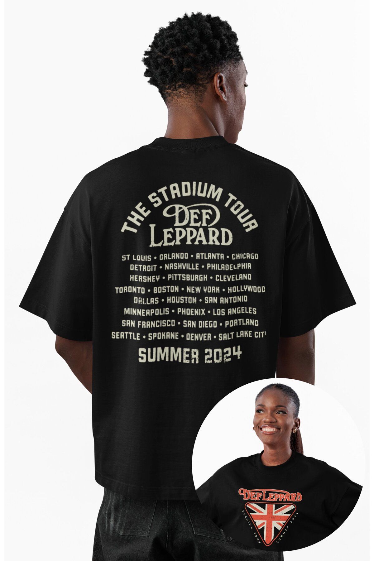Fuddy Moda Unisex The Stadium Tour Def Leppard Sırt Baskılı Tişört, Oversize Rock Band Temalı T-shirt