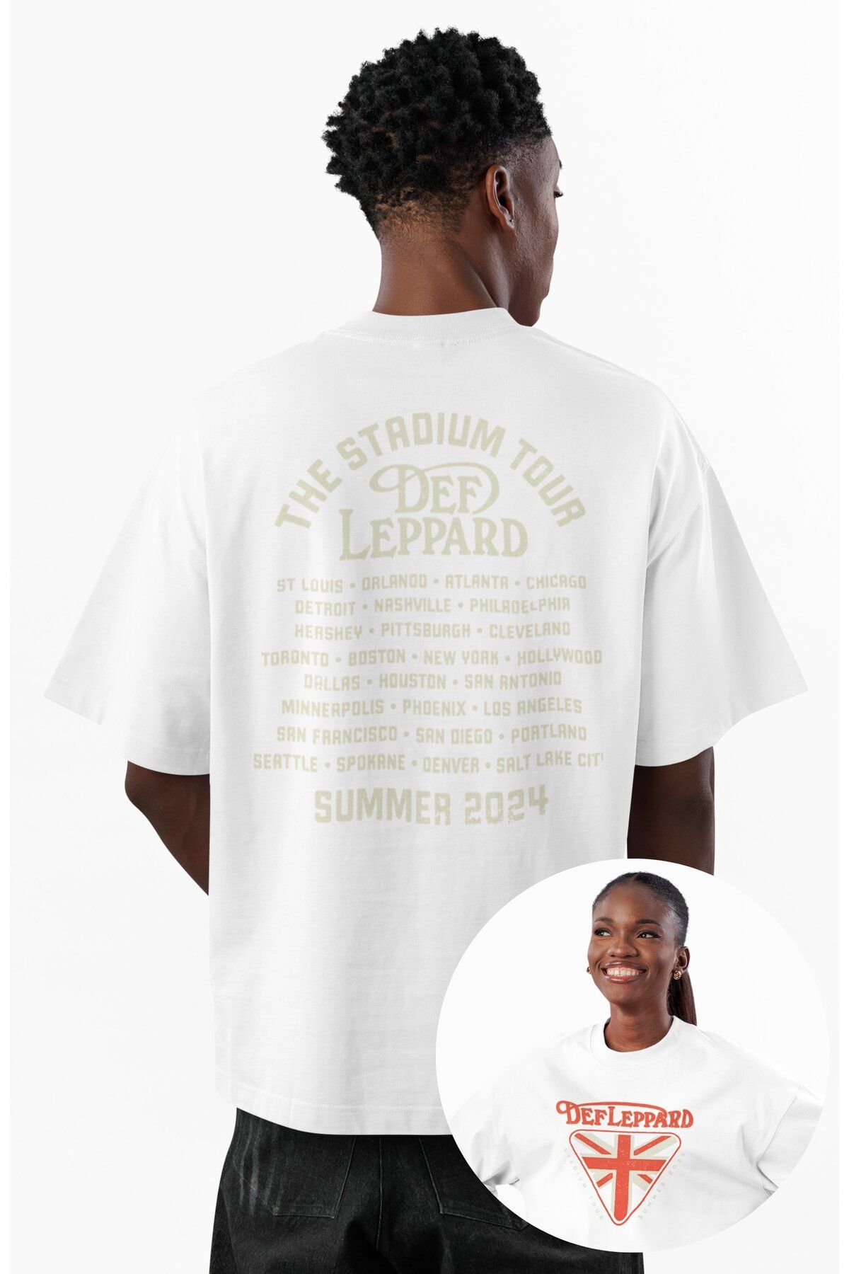 Fuddy Moda Unisex The Stadium Tour Def Leppard Sırt Baskılı Tişört, Oversize Rock Band Temalı T-shirt
