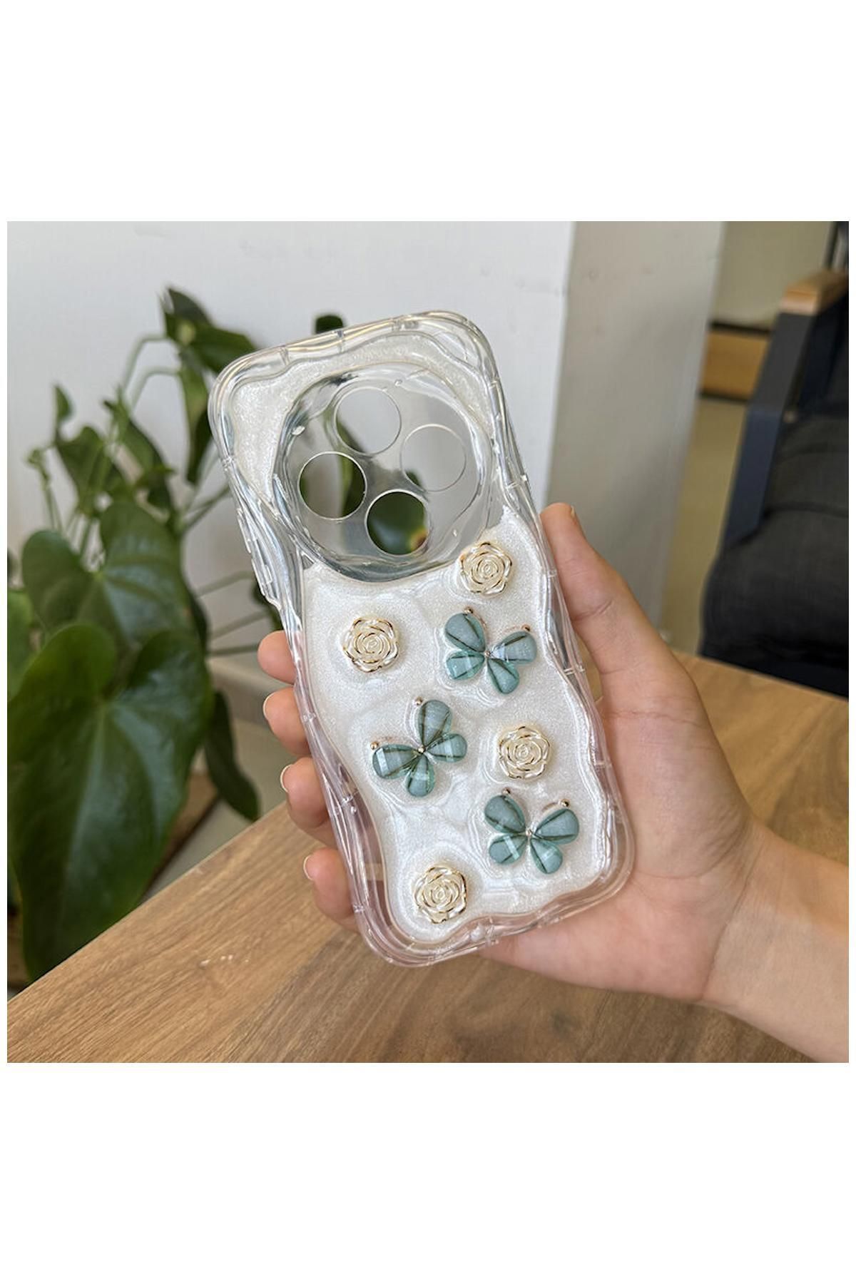 Pro Aksesuar Xiaomi Redmi 14C Uyumlu Kılıf Kelebekli Floral Silikon Kılıf Yeşil