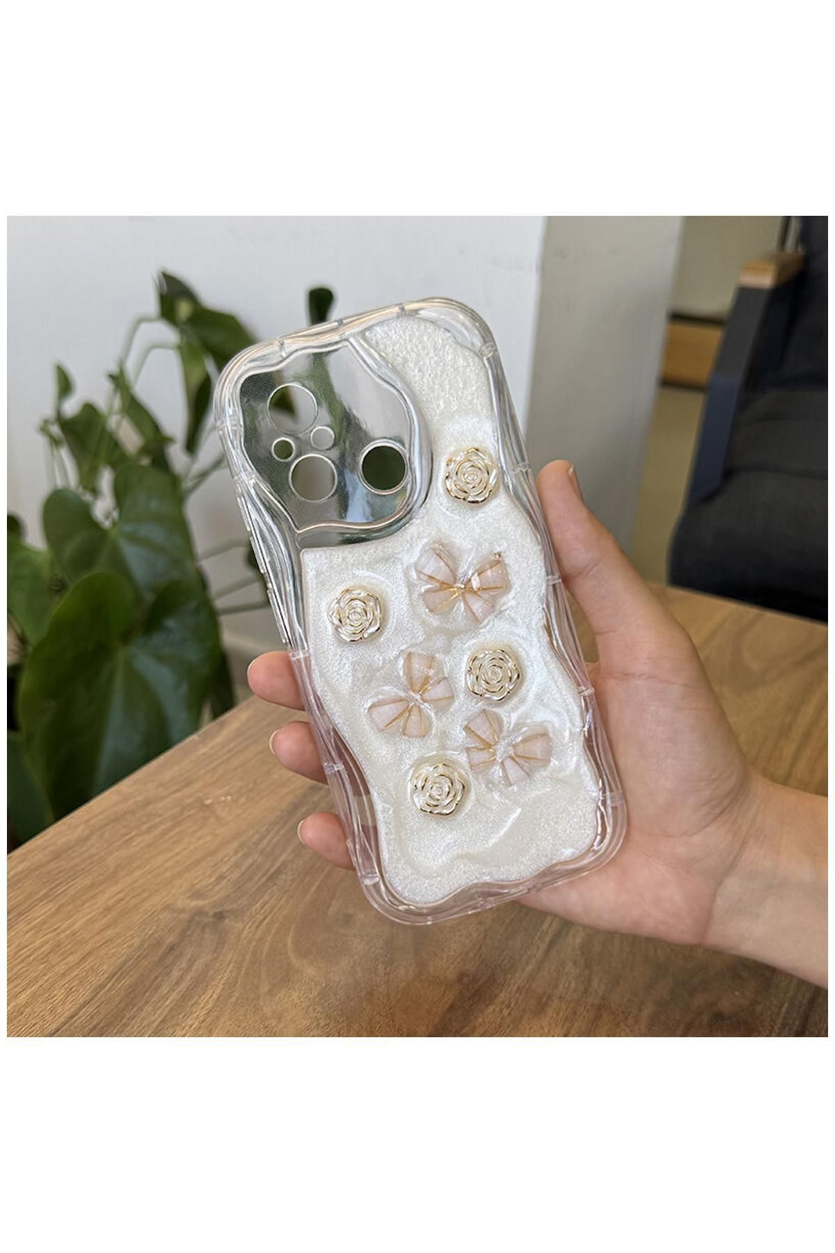 Pro Aksesuar Xiaomi Redmi 12C Uyumlu Kılıf Kelebekli Floral Silikon Kılıf Gold