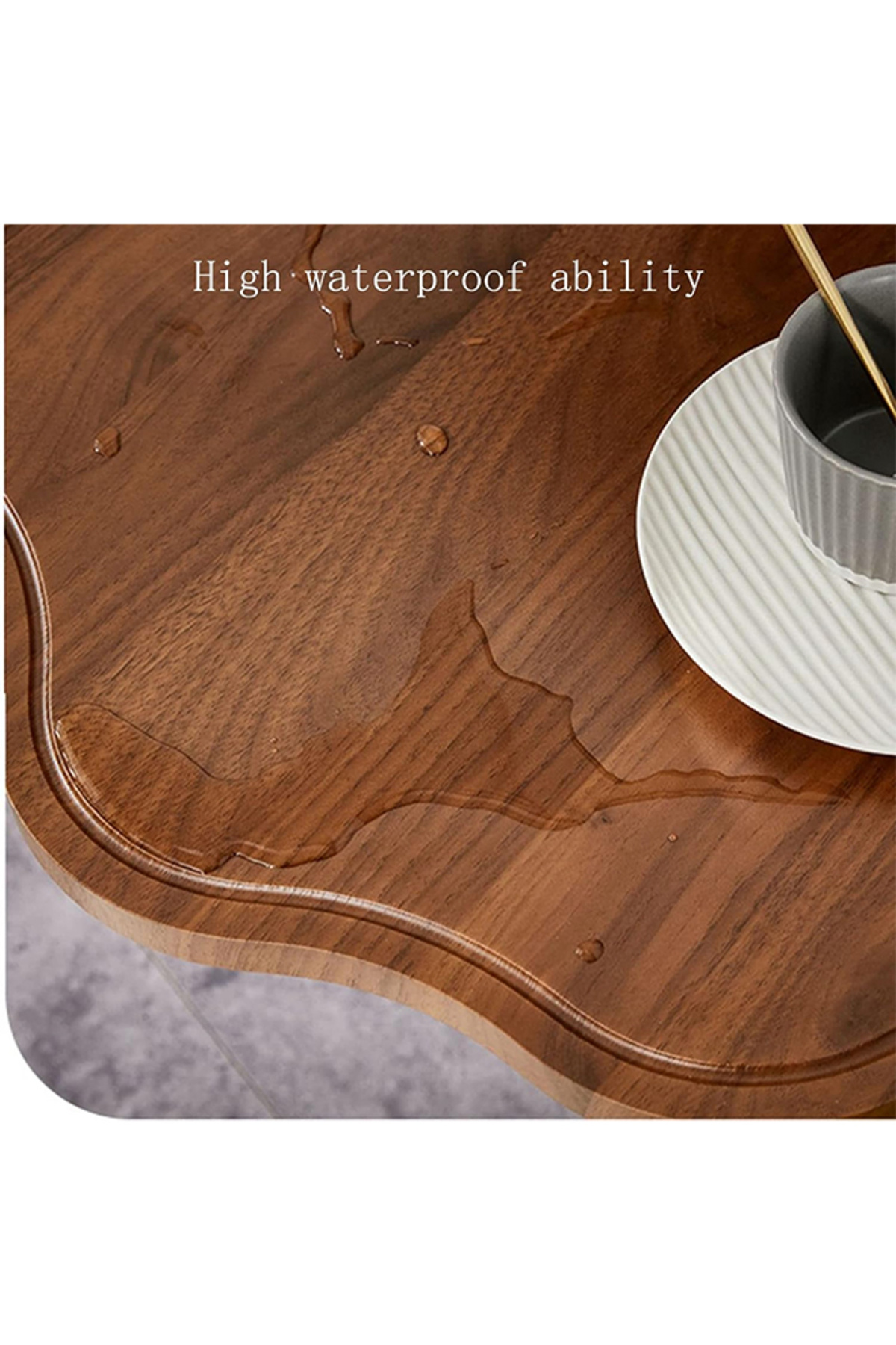 طاولة قهوة عصرية | طاولة جانبية على شكل حرف C بسطح خشبي على شكل زهرة وإطار معدني أسود