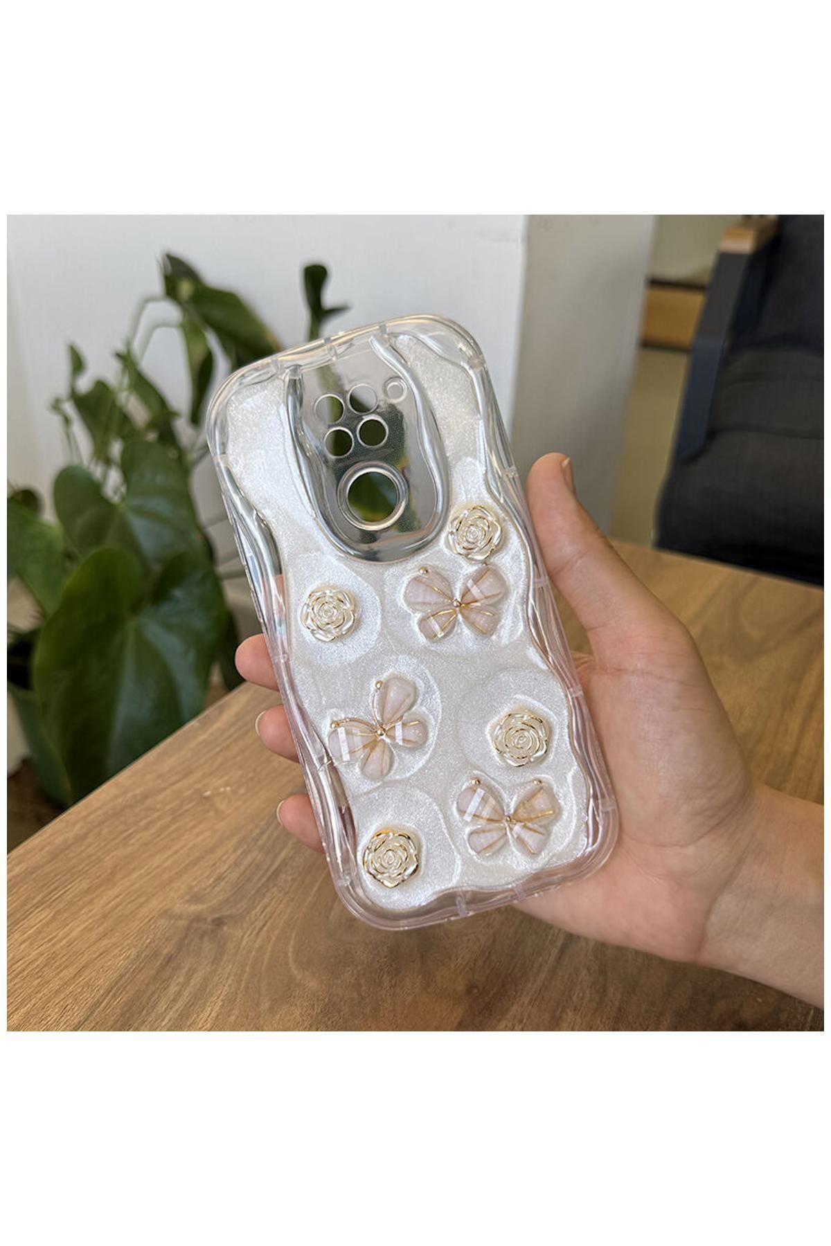 Zebana Xiaomi Redmi Note 9 Uyumlu Kılıf Zebana Floral Silikon Kılıf Gold