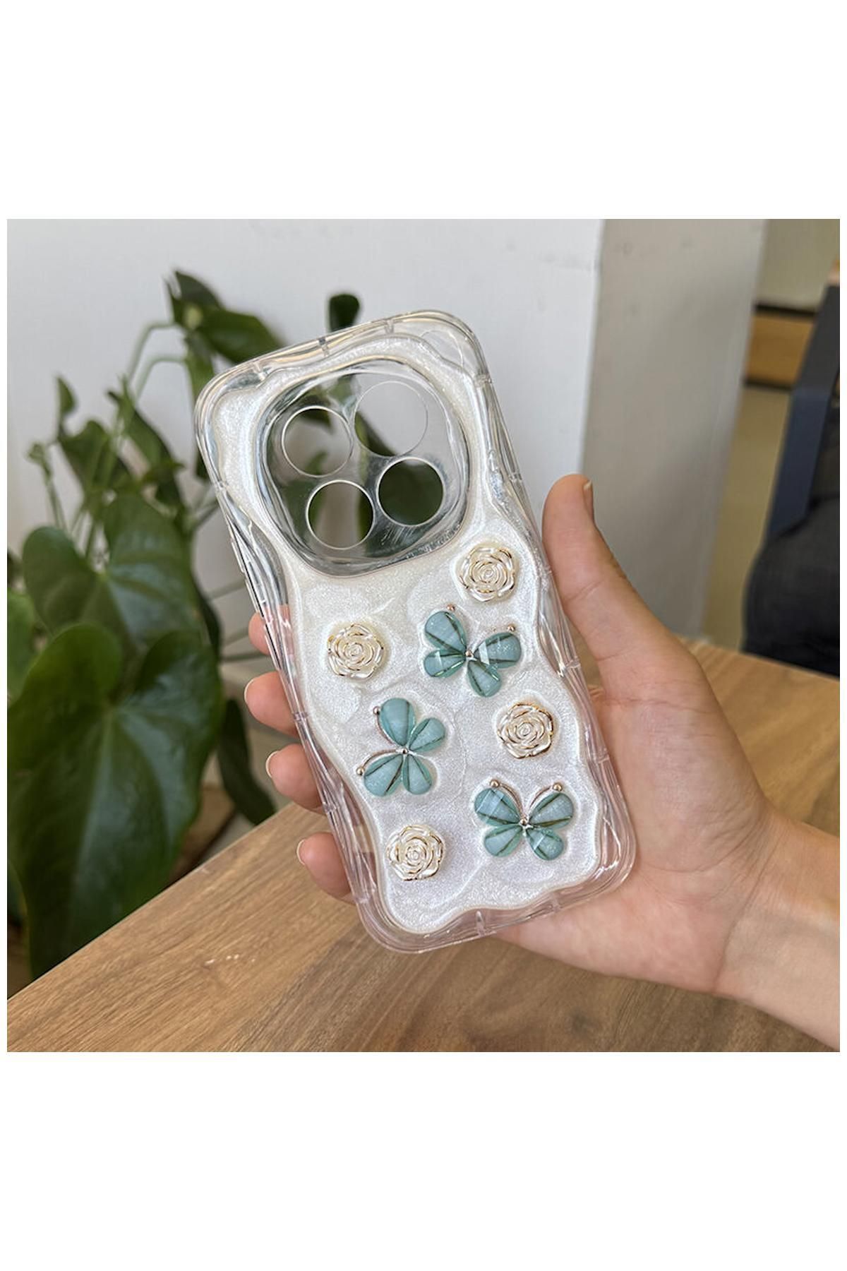 Pro Aksesuar Xiaomi Redmi Note 14 Pro Uyumlu Kılıf Kelebekli Floral Silikon Kılıf Yeşil