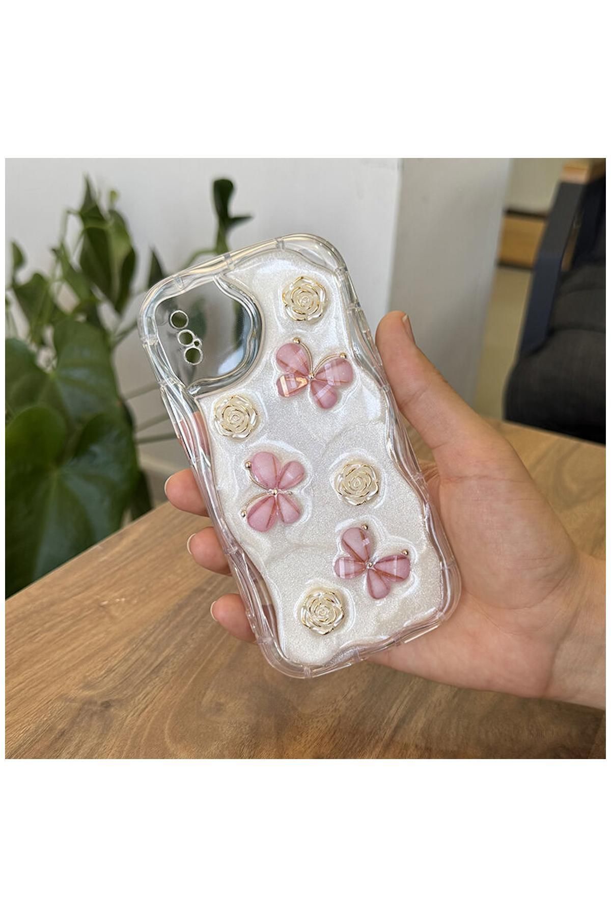 Pro Aksesuar Apple iPhone XS Uyumlu Kılıf Kelebekli Floral Silikon Kılıf Rose Gold