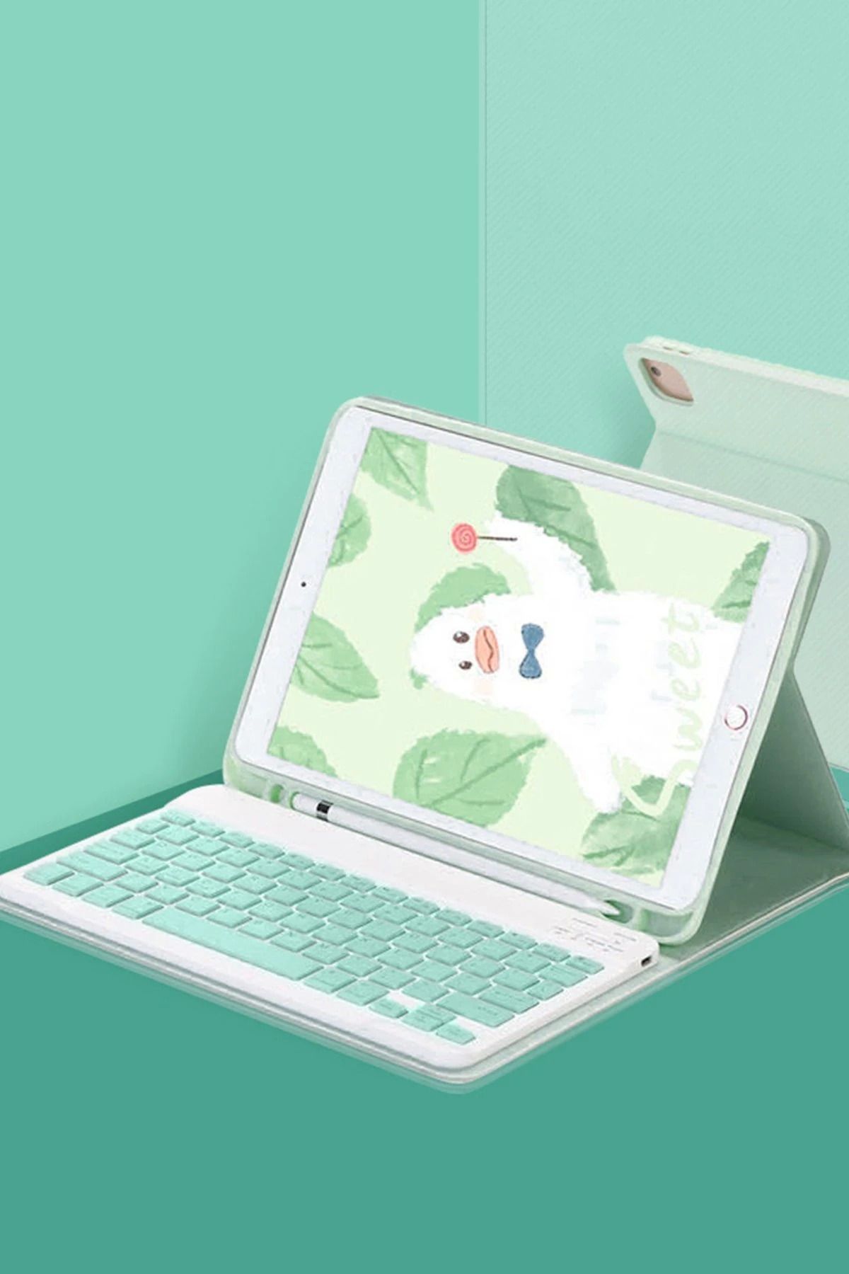 Butik BFS iPad 10.2 (9.nesil) Kılıf KC01 Smart Klavyeli Tablet Kılıfı - Açık Yeşil