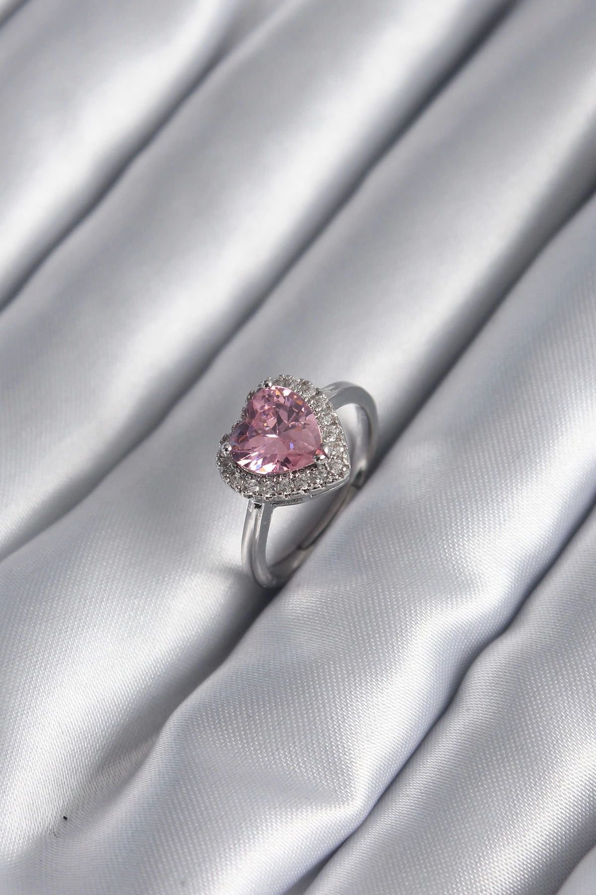 adden BFS Pirinç Gümüş Renk Pembe Zirkon Taş Kalp Charm Model Kadın Yüzük