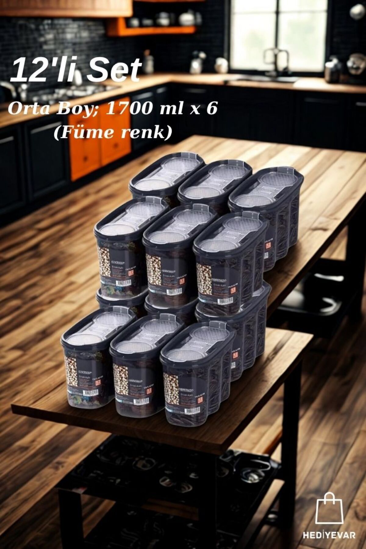 DENS ELİTE Erzak Saklama Kabı 12 Adet - Orta Boy-" FÜME RENGİ" 1700 ml ( 12*1700 ml )