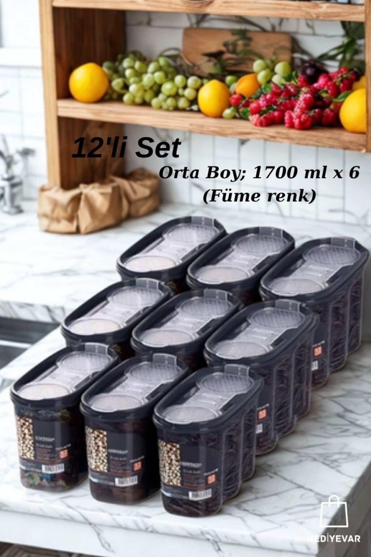 DENS ELİTE Erzak Saklama Kabı 9 Adet - Orta Boy-" FÜME RENGİ" 1700 ml ( 9*1700 ml )
