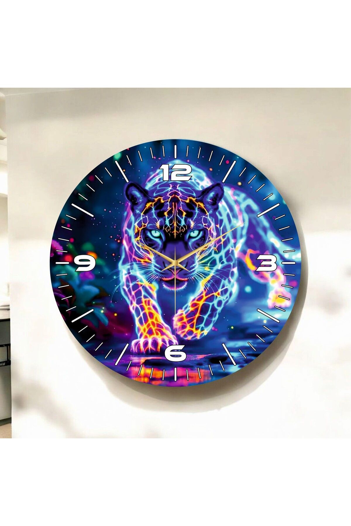 AA Shop Renkli Baskı Leopar Desenli Sayılı Hediyelik Ahşap Sessiz Duvar Saati 50cm