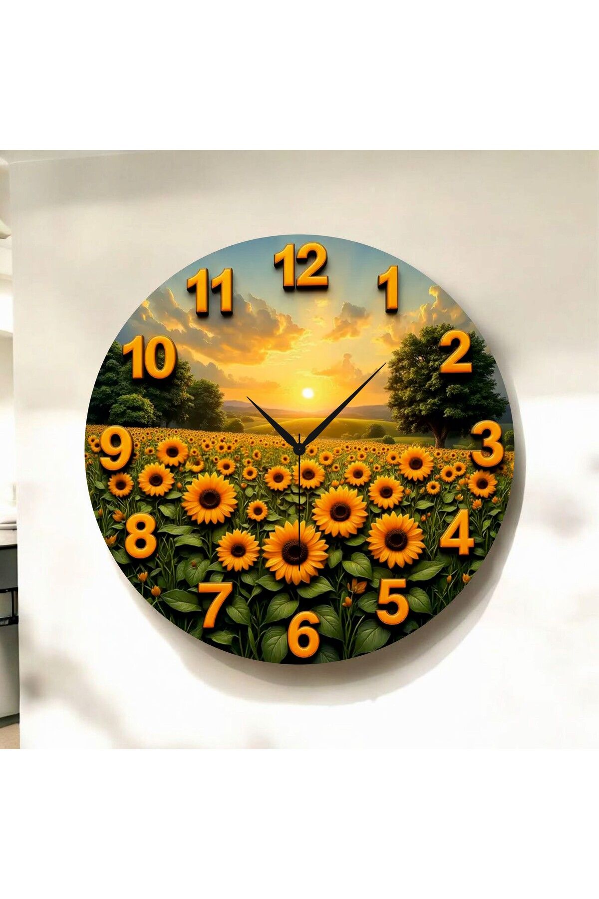 AA Shop Renkli Baskı Ayçiçek Desenli Sayılı Hediyelik Ahşap Sessiz Duvar Saati 50cm