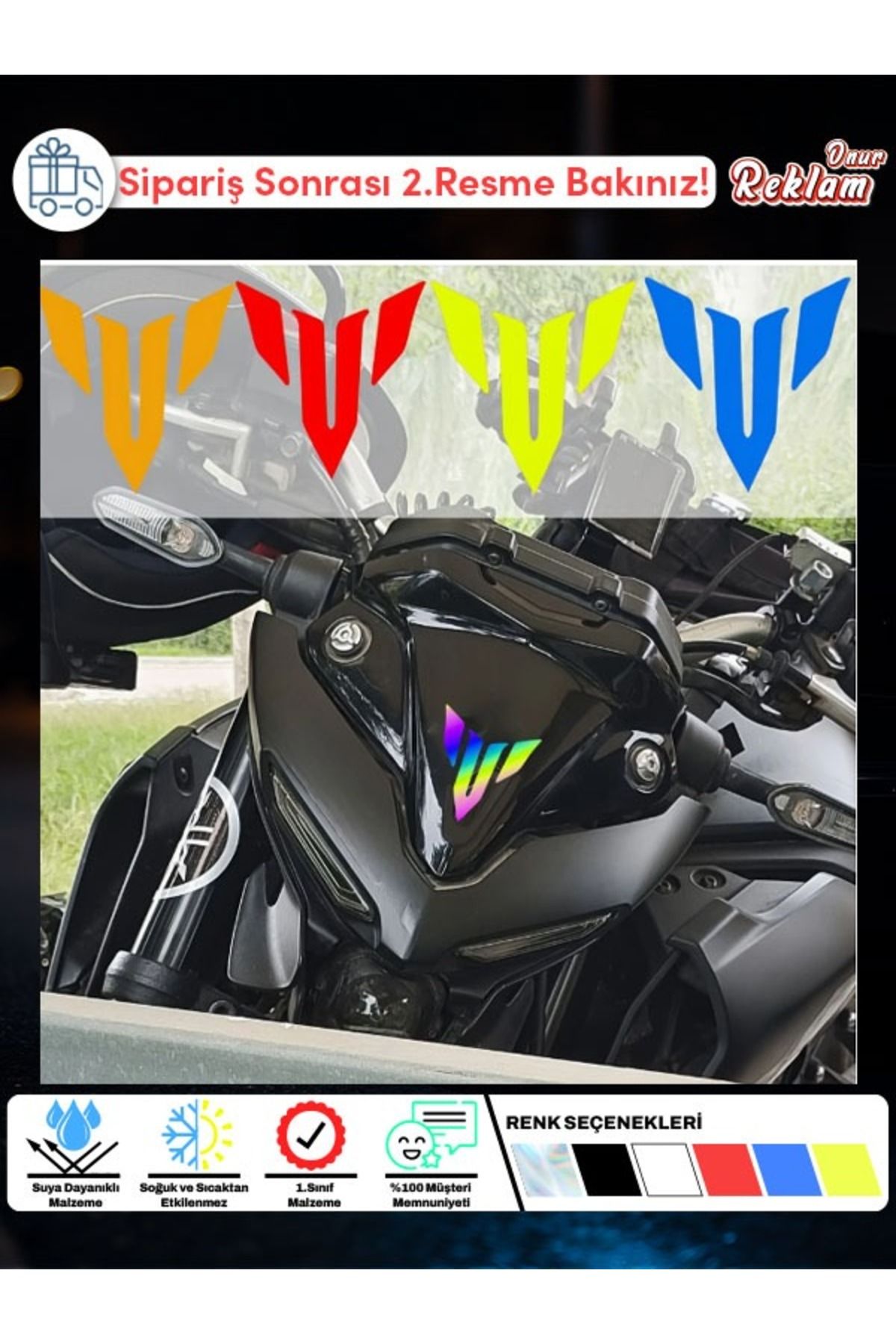 Onur Reklam Yamaha Motosiklet Ön Logo Sticker – Suya ve Güneşe Dayanıklı Renkli Etiket