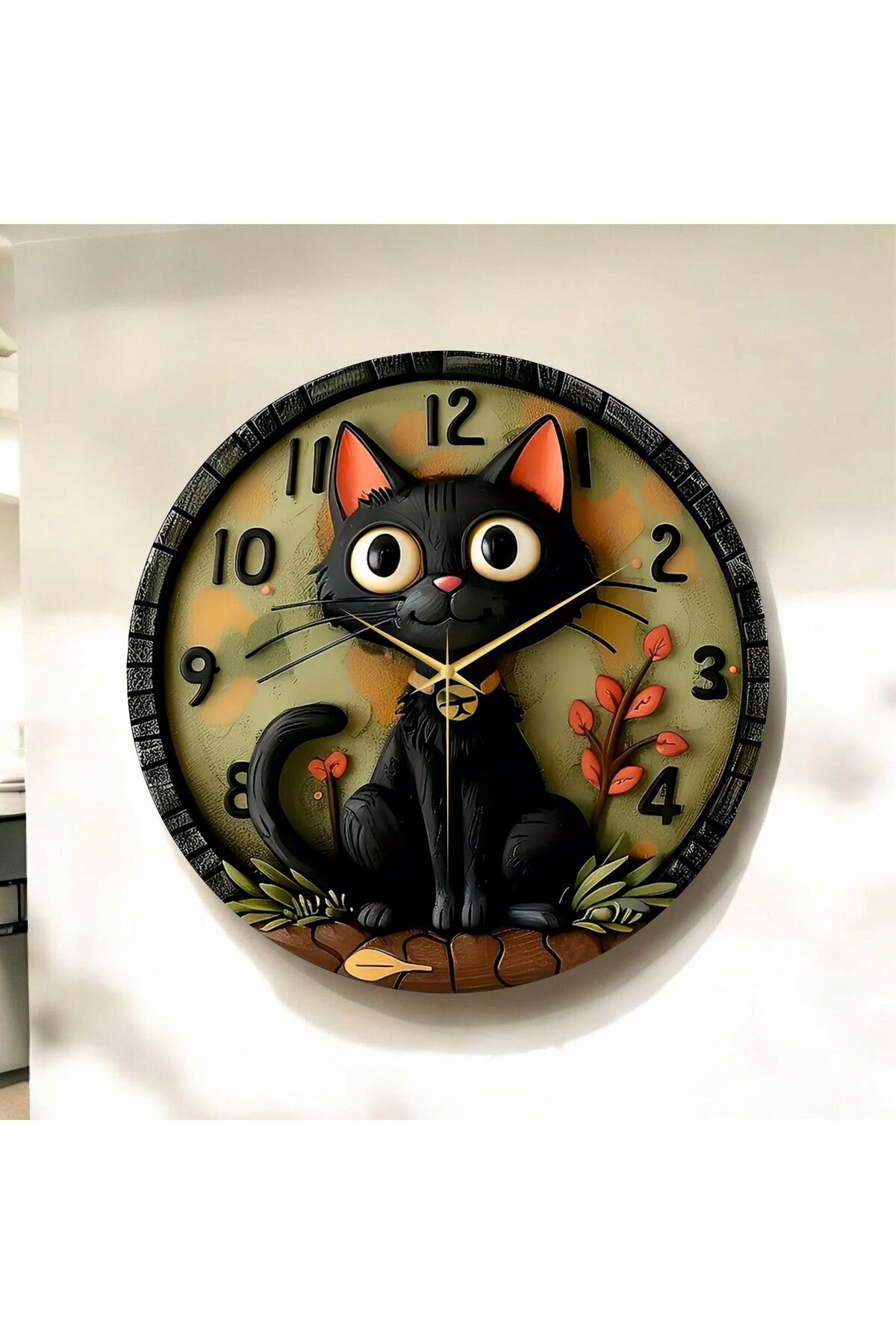 AA Shop Renkli Baskı Kedi Çocuk Desenli Sayılı Hediyelik Ahşap Sessiz Duvar Saati 50cm