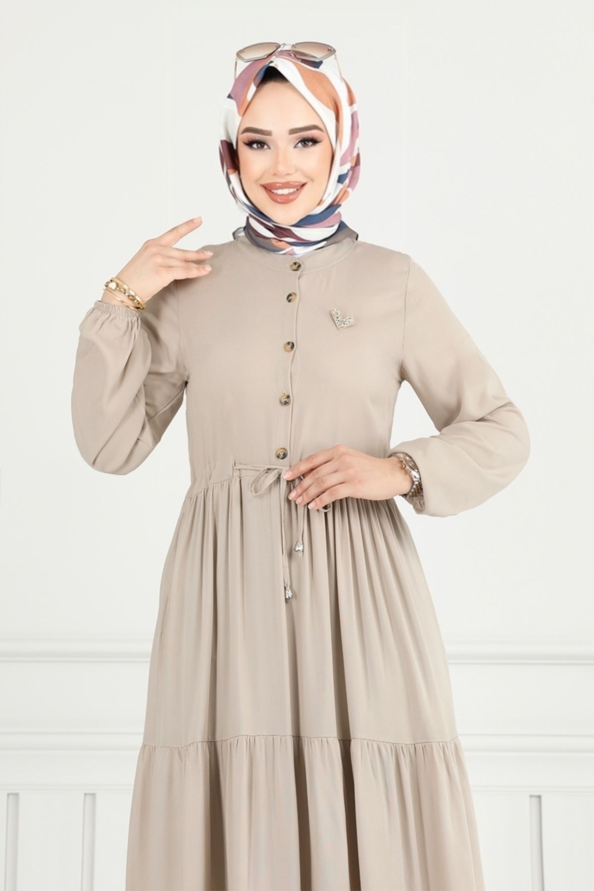 ModaMerve-Half Button Dress 2350Bgs895-M Stone 4
