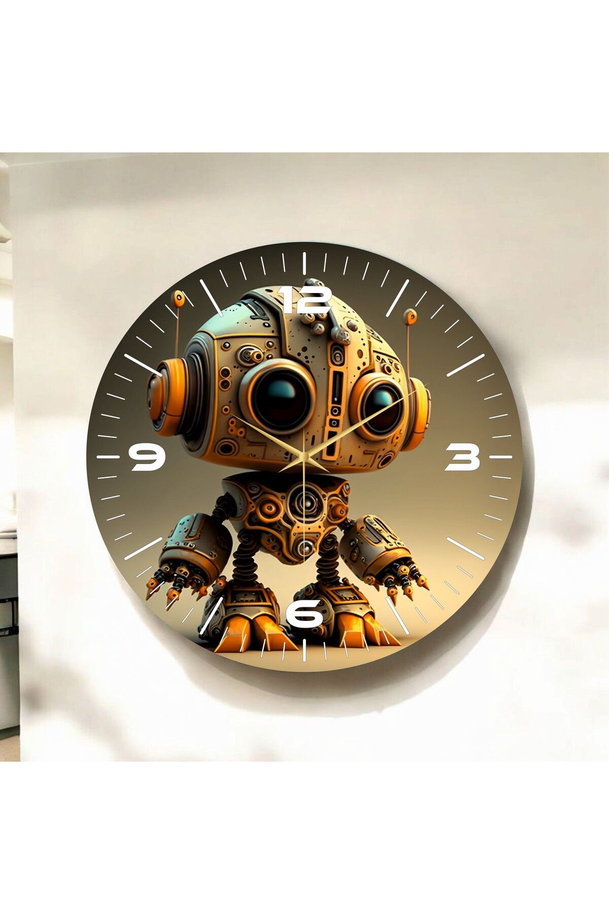 AA Shop Renkli Baskı Robot Çocuk Desenli Sayılı Hediyelik Ahşap Sessiz Duvar Saati 50cm