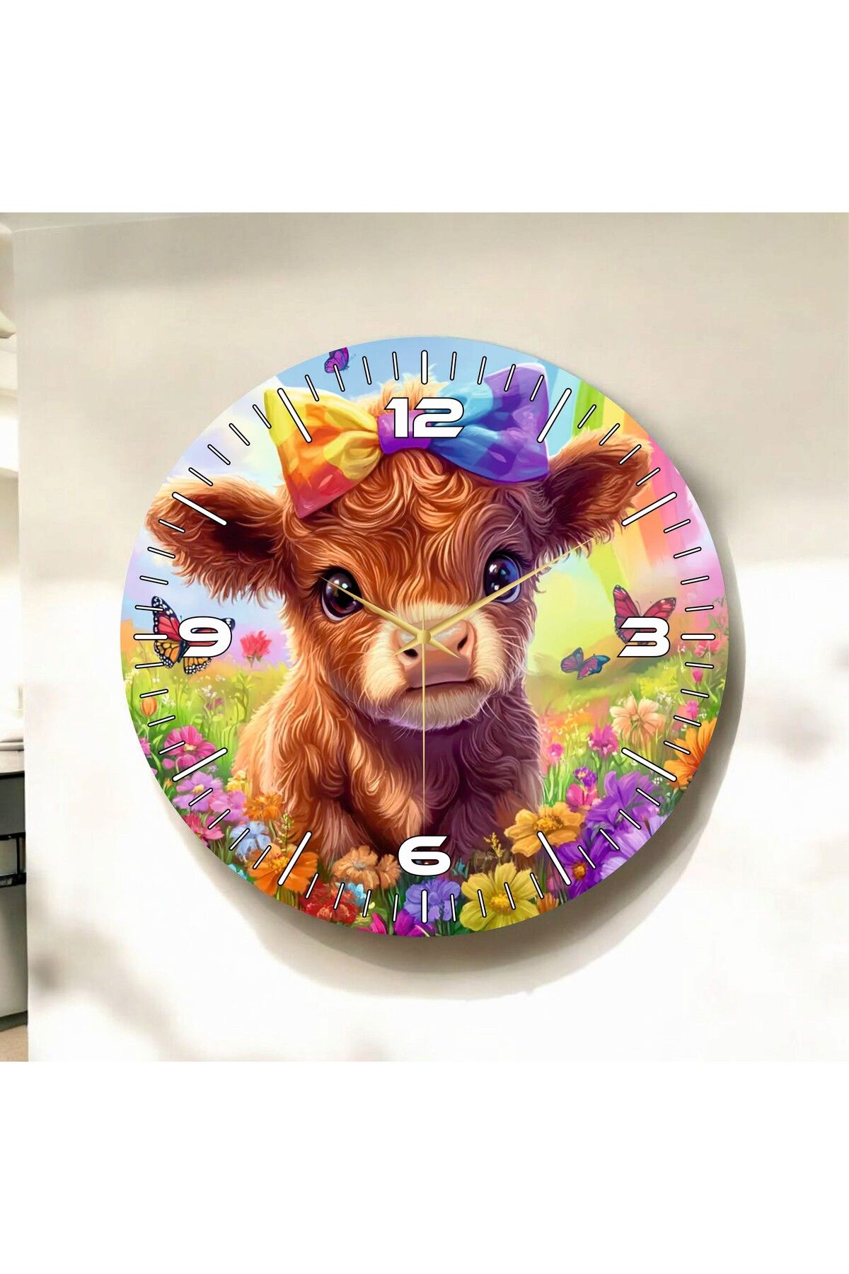 AA Shop Renkli Baskı İnek Çocuk Desenli Sayılı Hediyelik Ahşap Sessiz Duvar Saati 50cm