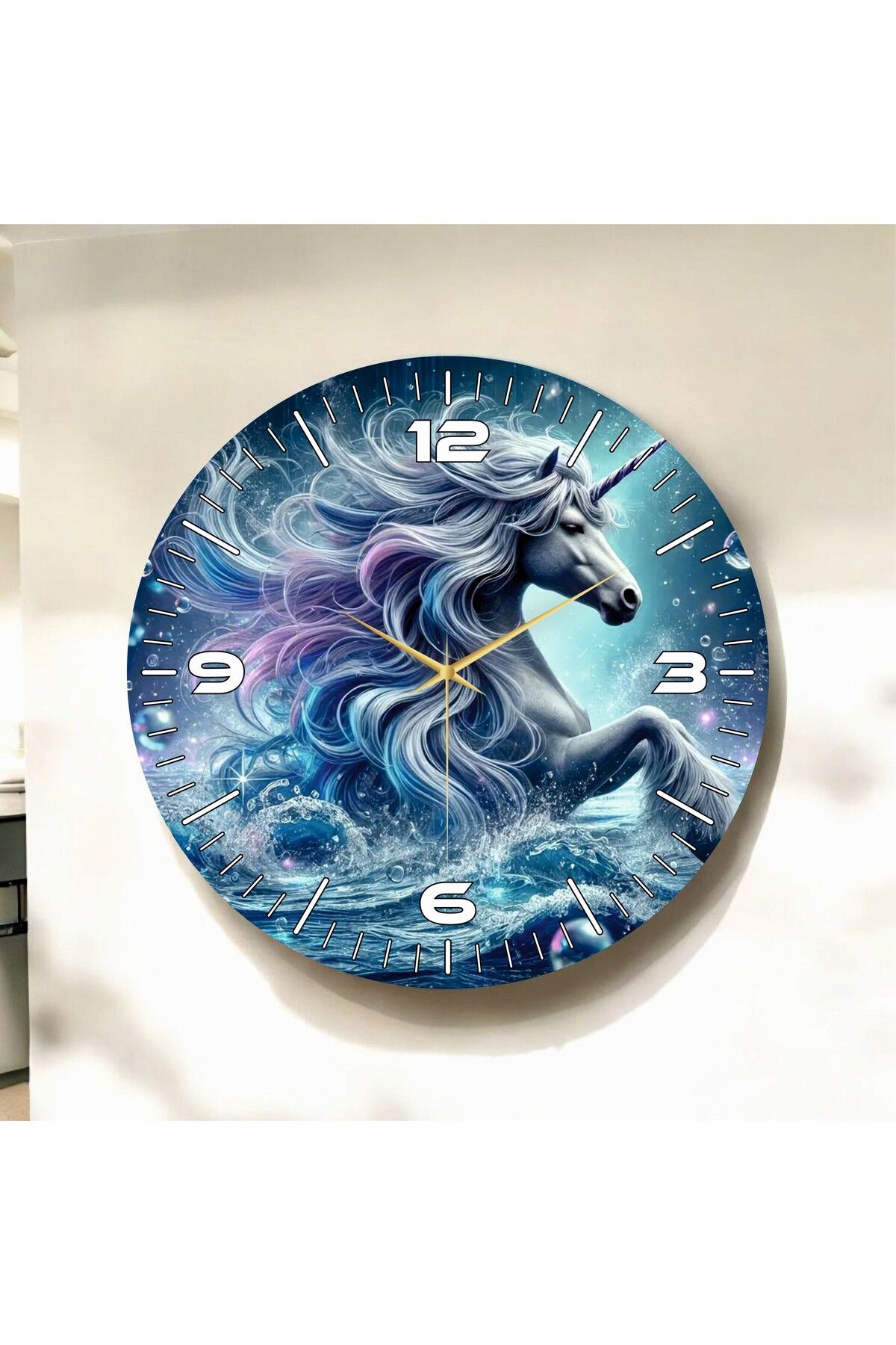 AA Shop Renkli Baskı At Çocuk Desenli Sayılı Hediyelik Ahşap Sessiz Duvar Saati 50cm