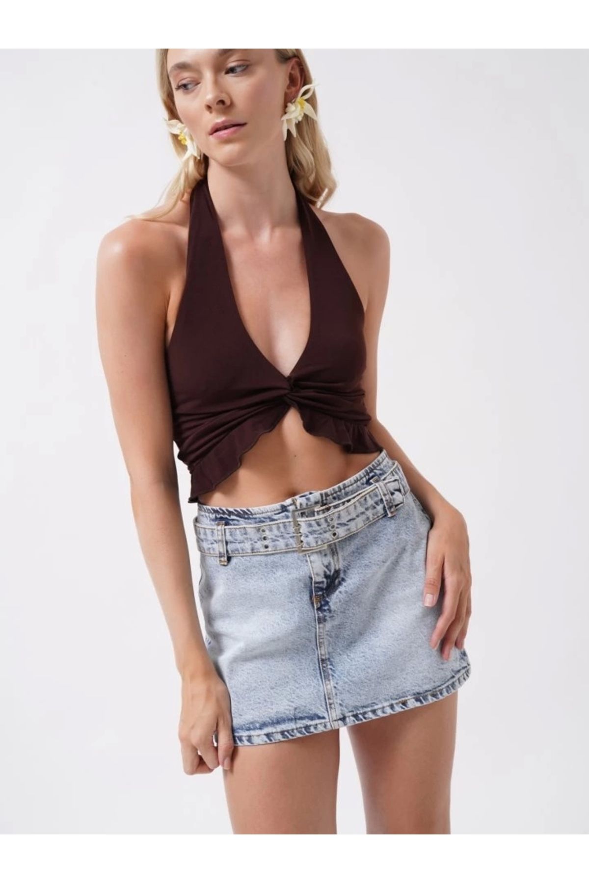 Butik Kemer Detay Denim Mini Etek
