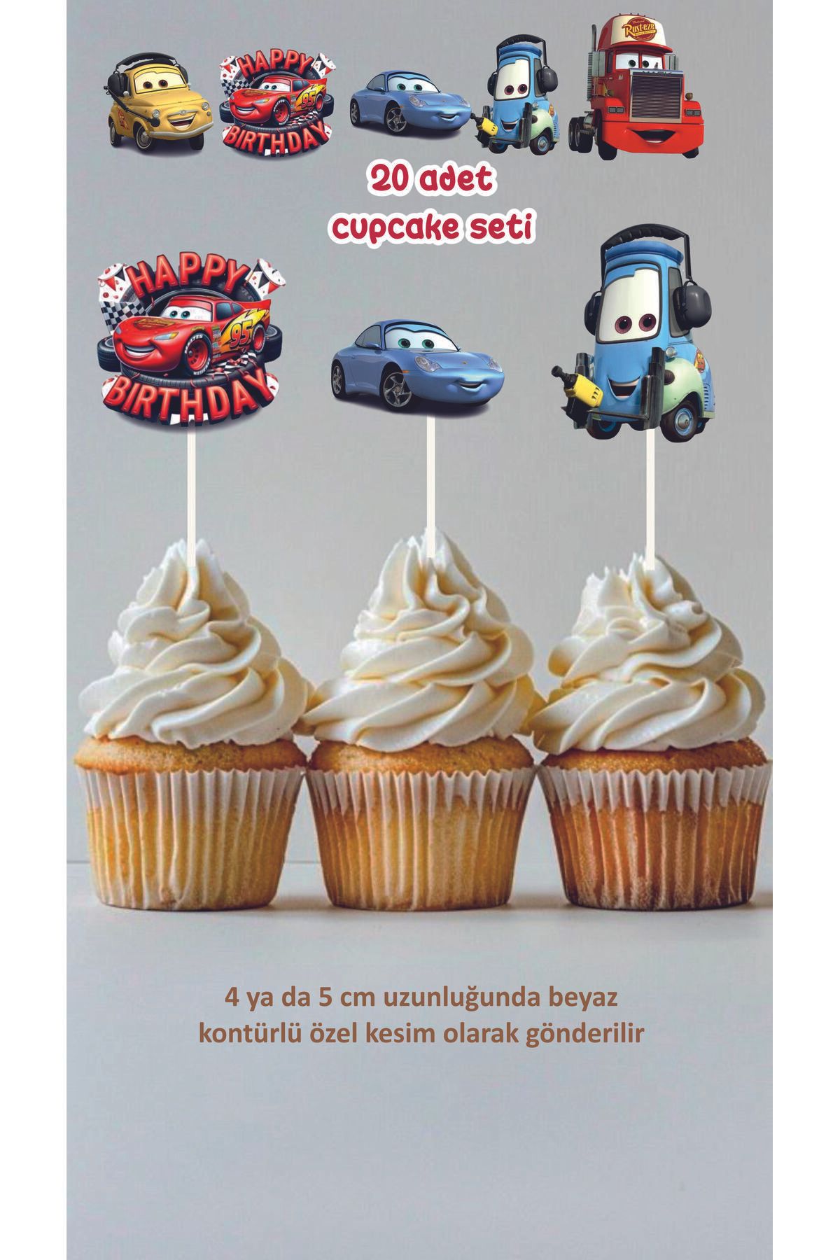 Tasarım Arabalar Cupcake Süsü Doğum Günü Pasta Süsü 20 adet