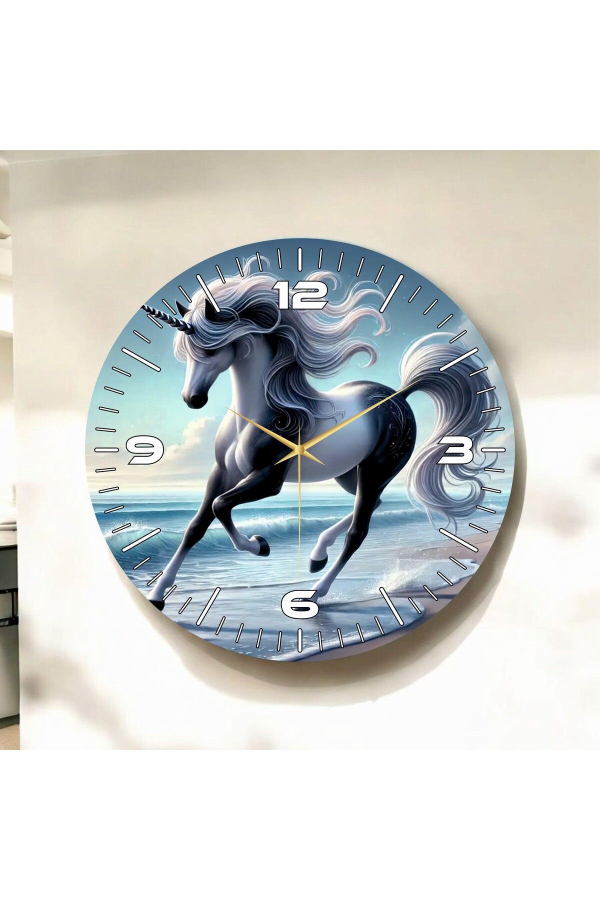 AA Shop Renkli Baskı At Desenli Sayılı Hediyelik Ahşap Sessiz Duvar Saati 50cm