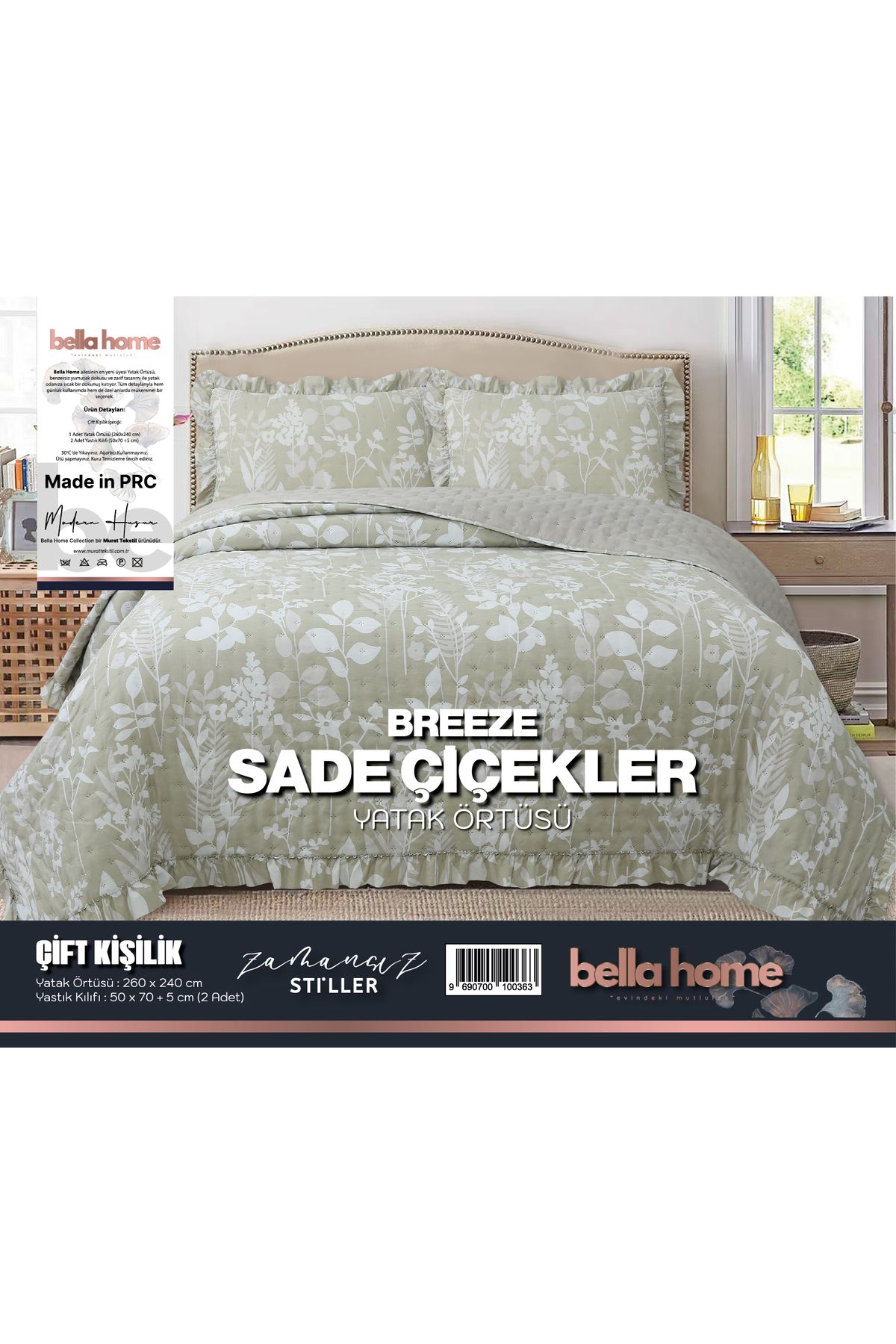 Bella Home Breeze Fırfırlı Çift Kişilik Yatak Örtüsü Seti - 260x240 cm