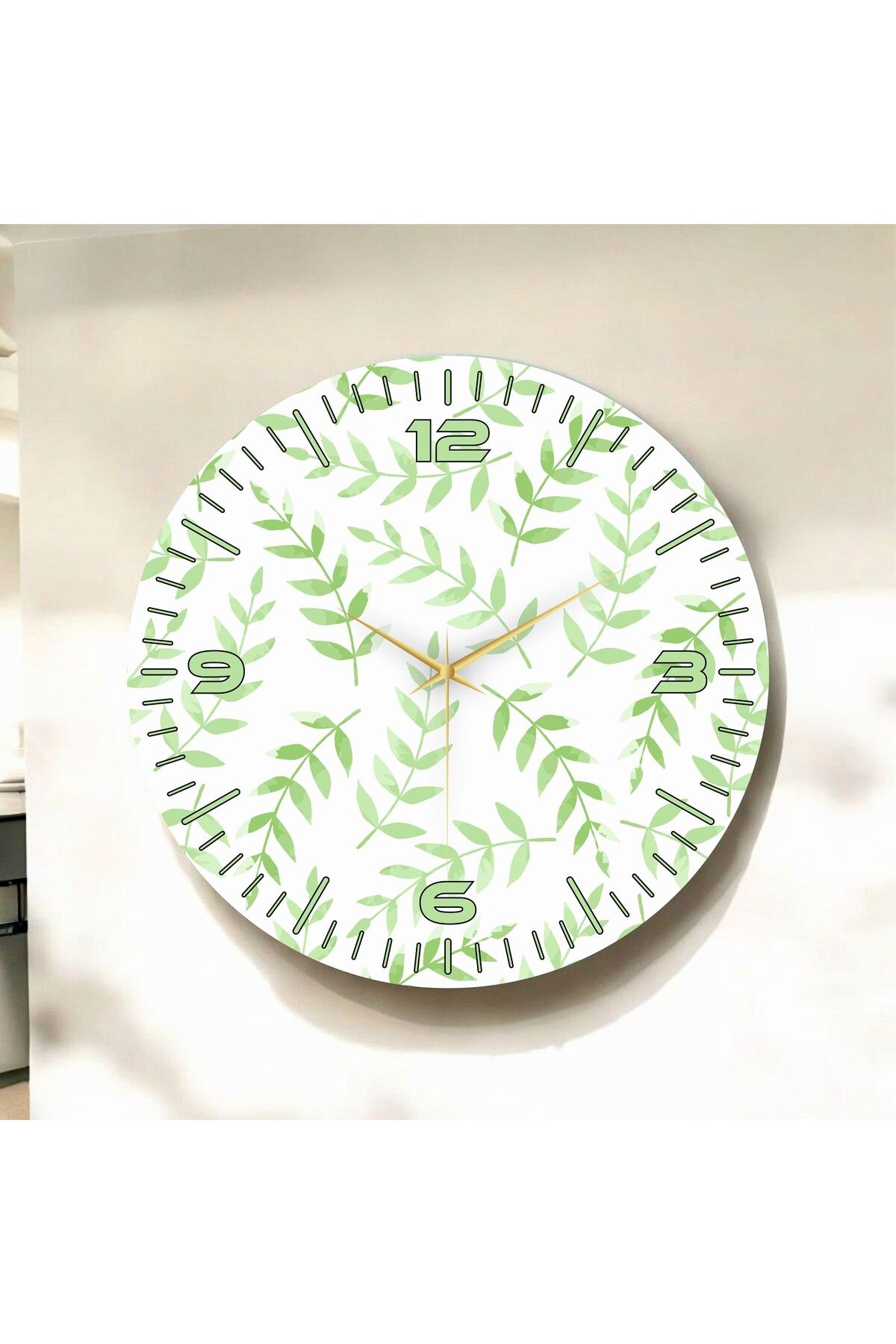 AA Shop Renkli Baskı Yaprak Bitki Desenli Sayılı Hediyelik Ahşap Sessiz Duvar Saati 50cm