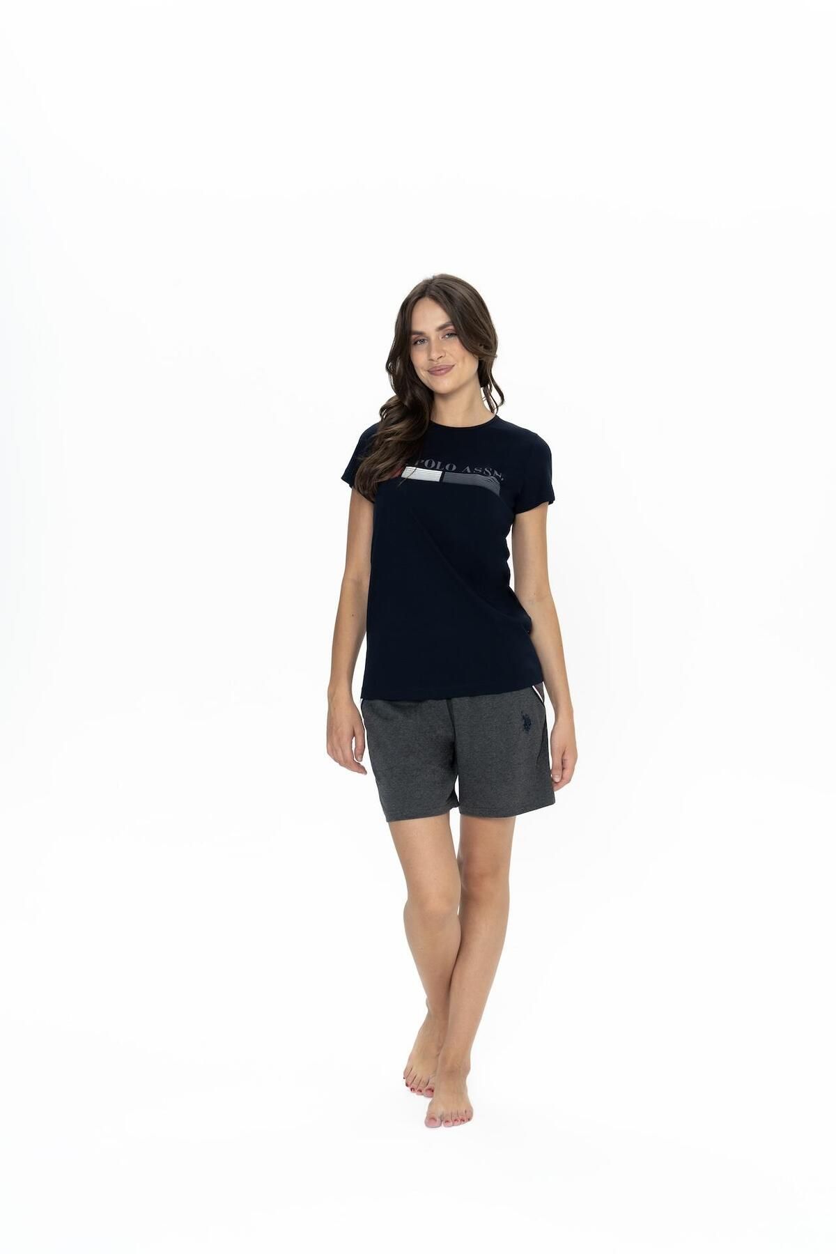 U.S. Polo Assn. Us Polo Kadın Yazı Baskılı T-shirt Şort Takım, Bisiklet Yaka, Kısakol, Cepli