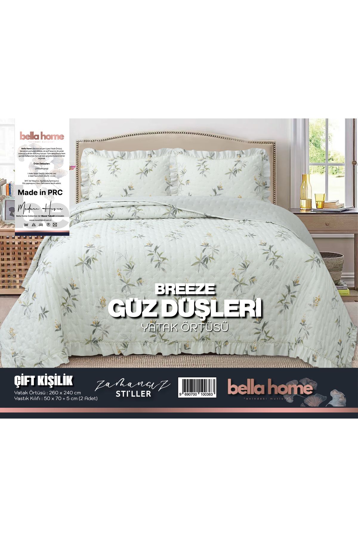 Bella Home Breeze Fırfırlı Çift Kişilik Yatak Örtüsü Seti - 260x240 cm
