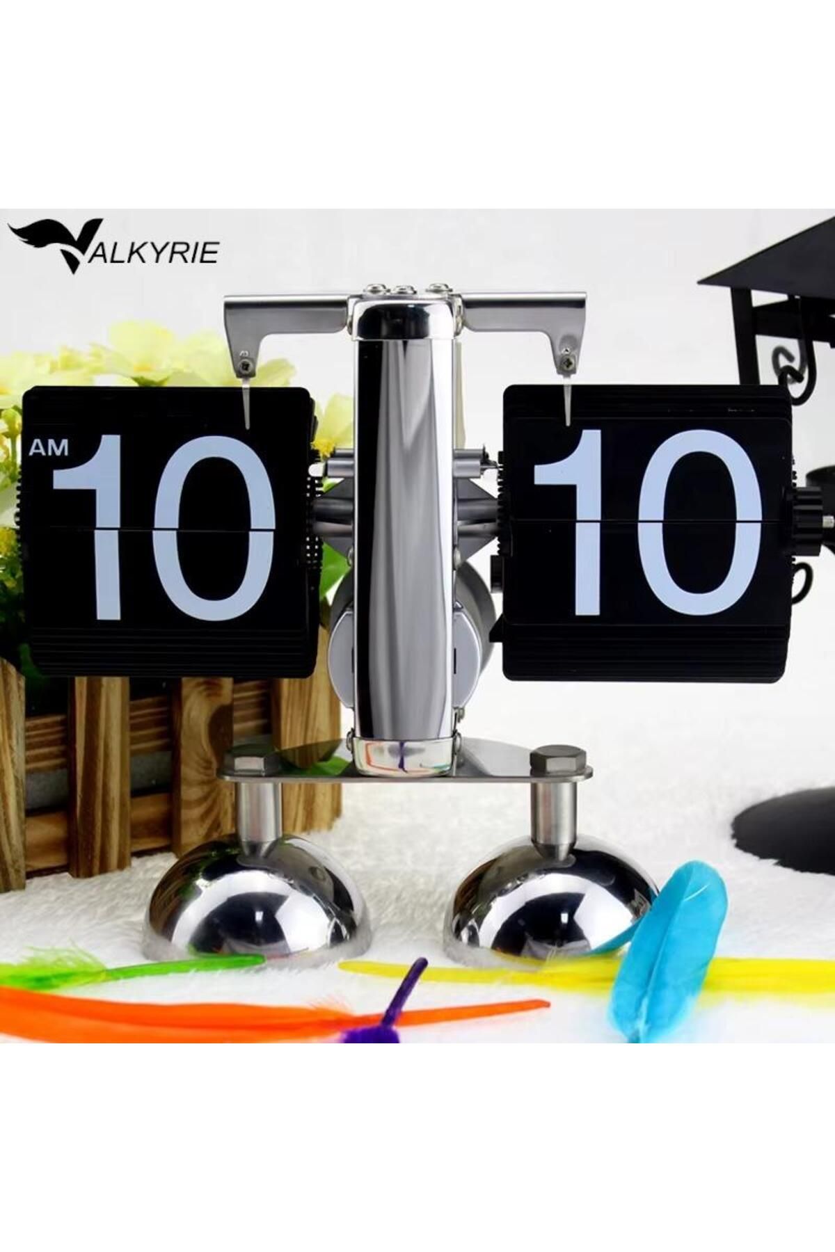 valkyrie Retro Metanik Yaprak Saat Ev Ofis Masa Saati Paslanmaz Çelik Çift Bacak Siyah