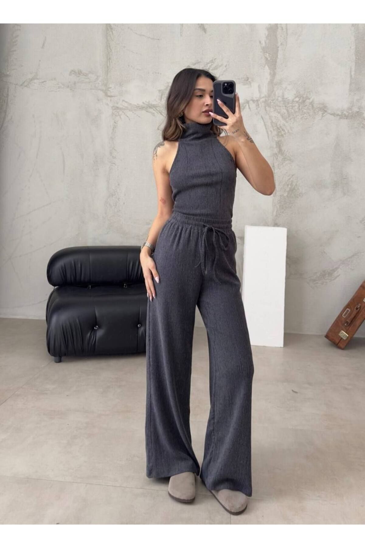 Lovely butik KADIN BALIKÇI YAKA KOLSUZ BLUZ GENİŞ PAÇA PANTOLON BÜRÜMCÜK İKİLİ TAKIM