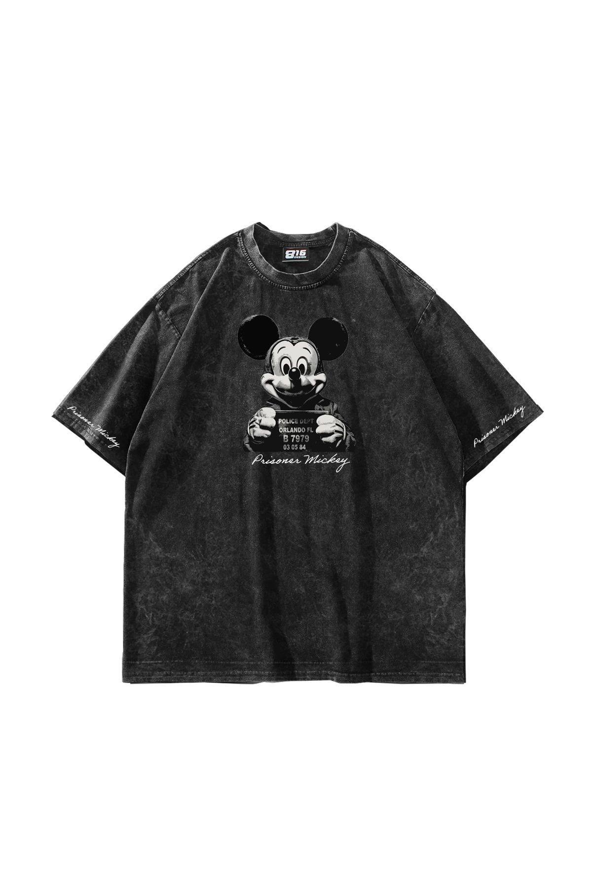 Sekizbiraltı Prisoner Mickey Baskılı Oversize Unisex Yıkamalı Siyah Tshirt