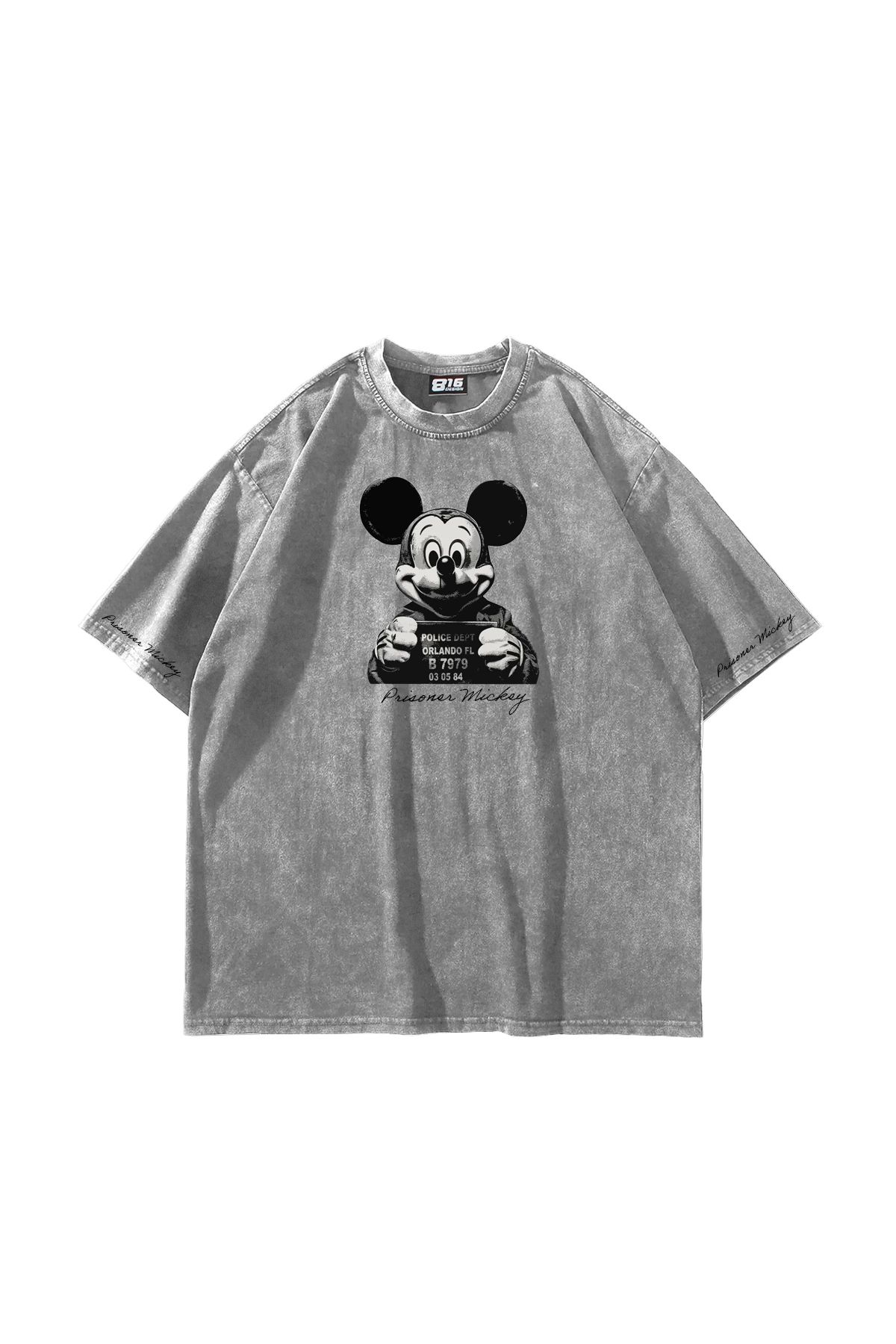 Sekizbiraltı Prisoner Mickey Baskılı Oversize Unisex Yıkamalı Beyaz Tshirt