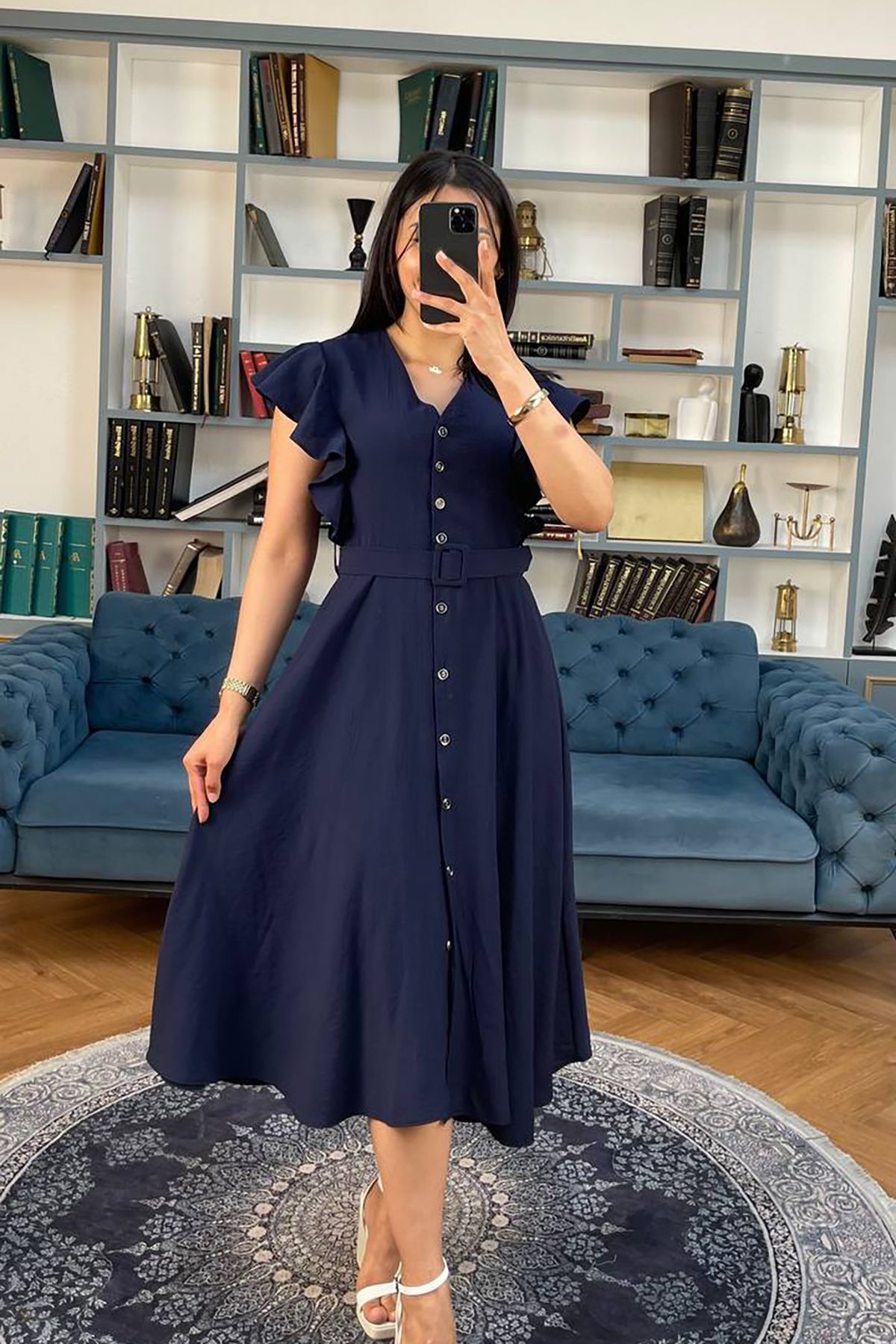 Neşeli Butik kadın lacivert fırfır detaylı midi elbise NBMY3739