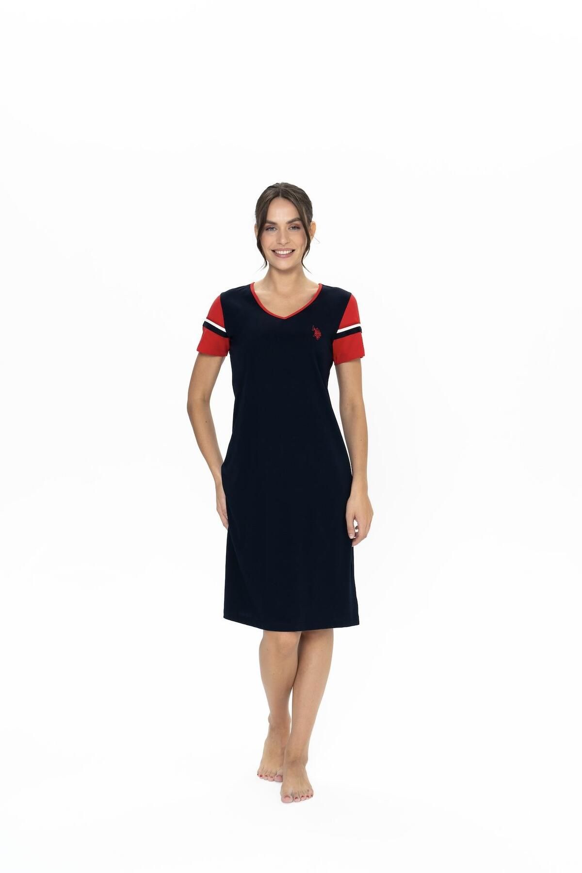 U.S. Polo Assn. Us Polo %100 Pamuk, Kadın Geniş V Yaka, Kısa Kol, Midi Gecelik