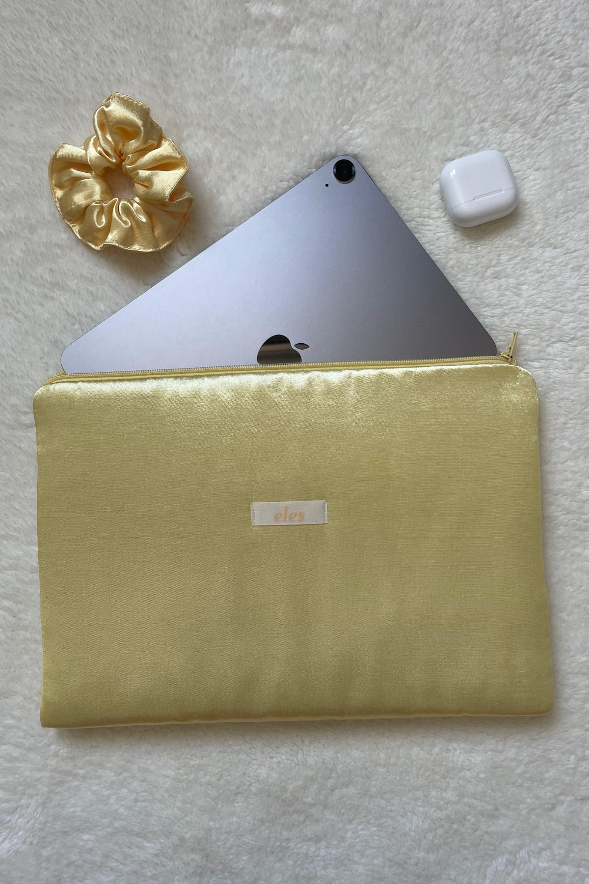 eles Sarı Kristal Saten Tablet Çantası, Sarı Saten Tablet Kılıfı, Sarı Tablet Çantası